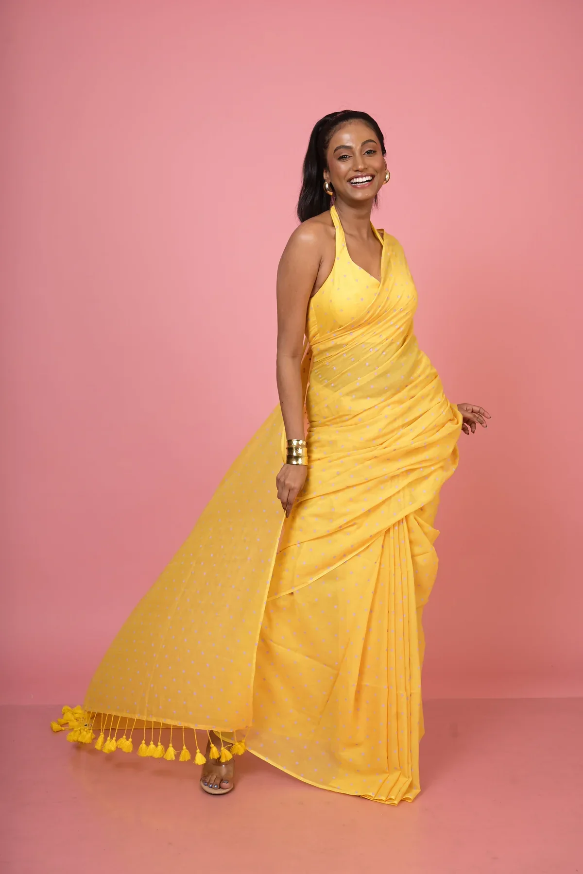 Basant Bahar Yellow Handloom Mul Cotton Polka Dotted Saree