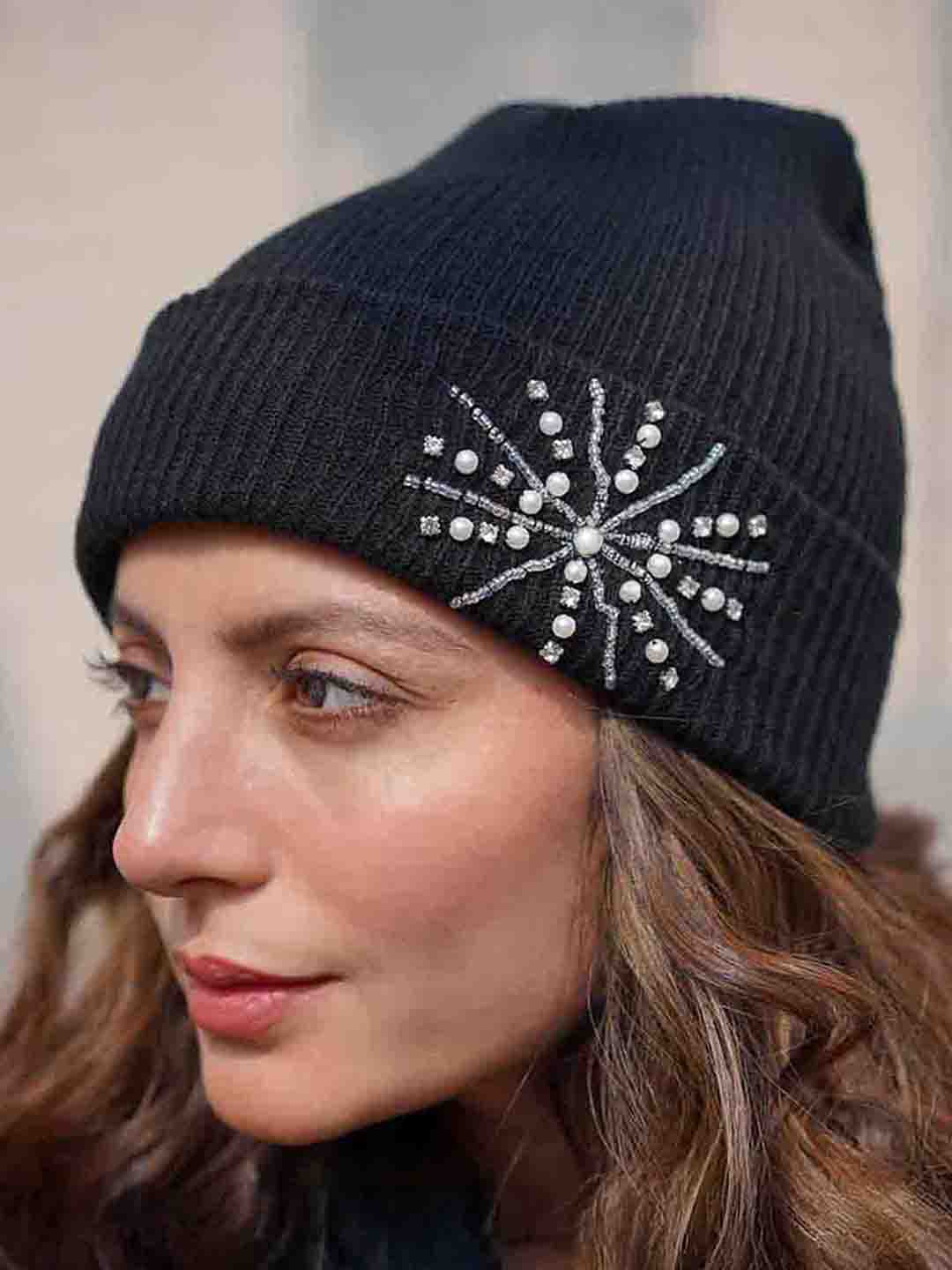 Black Beanie with Pearls & Crystals