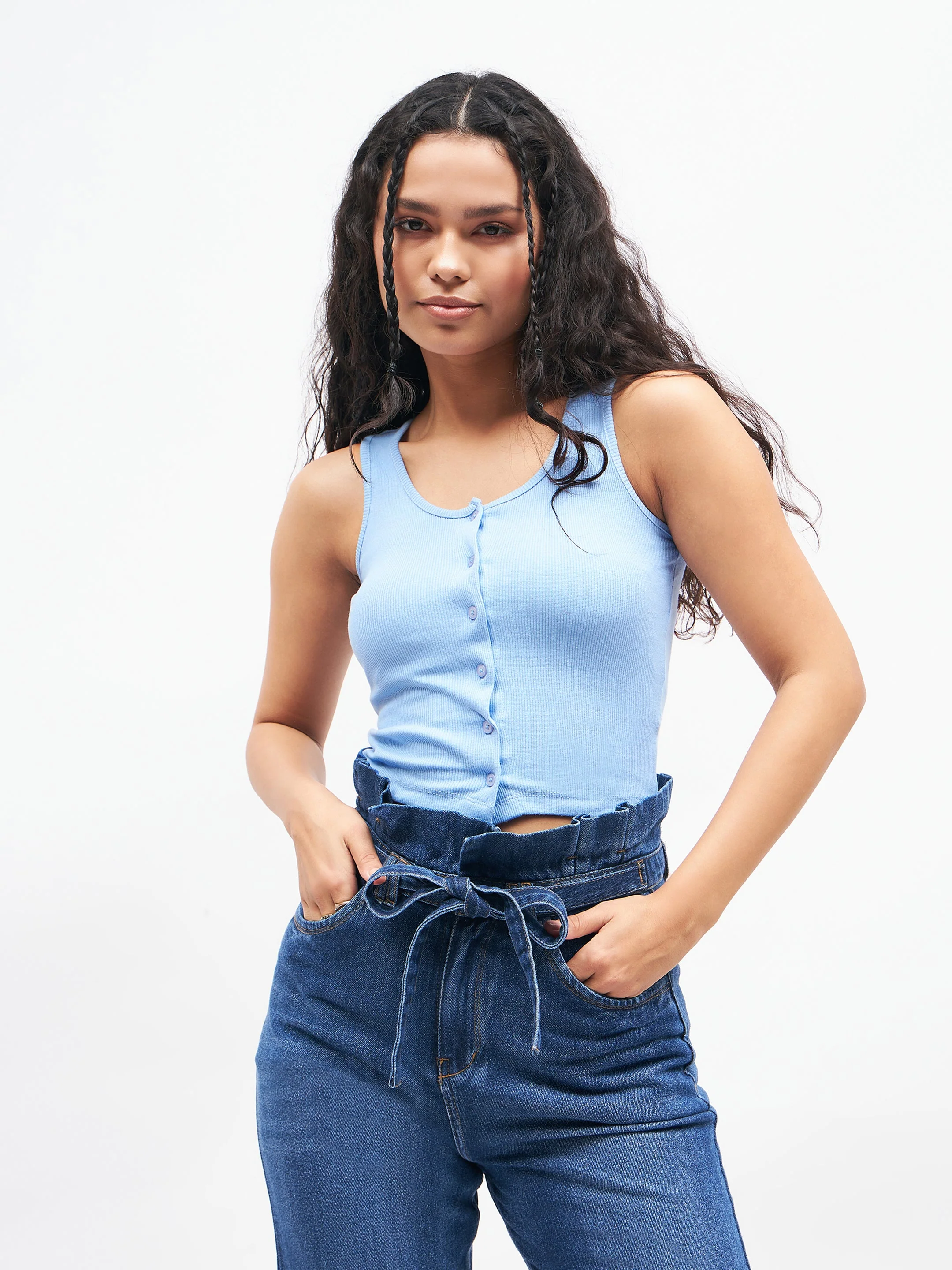 Women Blue Front Button Sleeveless Crop Top