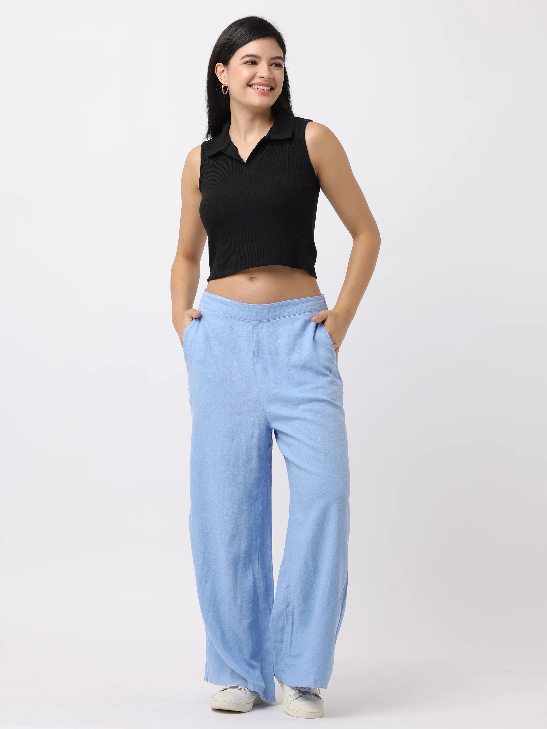 Women Blue Regular Fit Pants with Elastic Waist