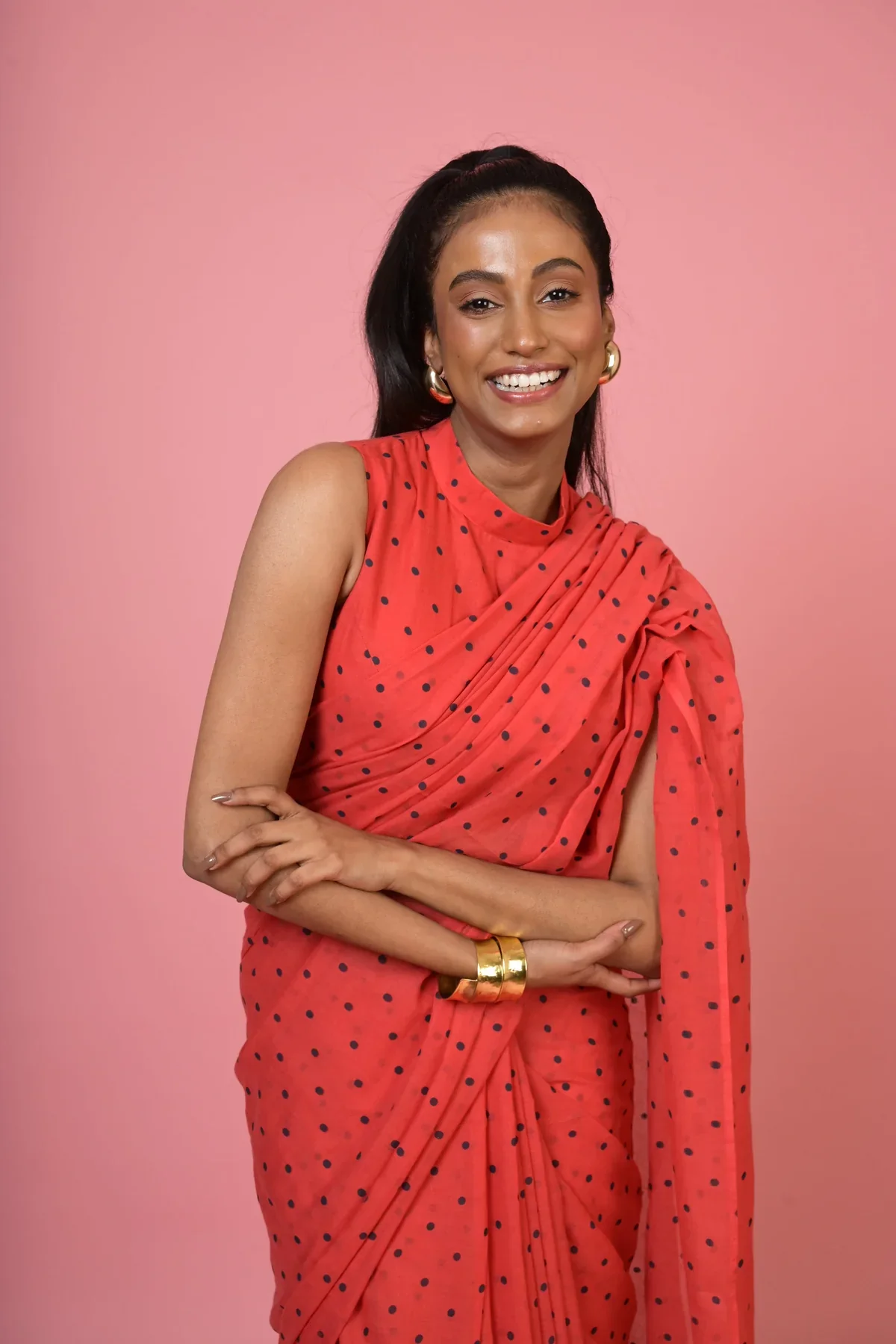 Red Handloom Mul Cotton Polka Dotted Saree