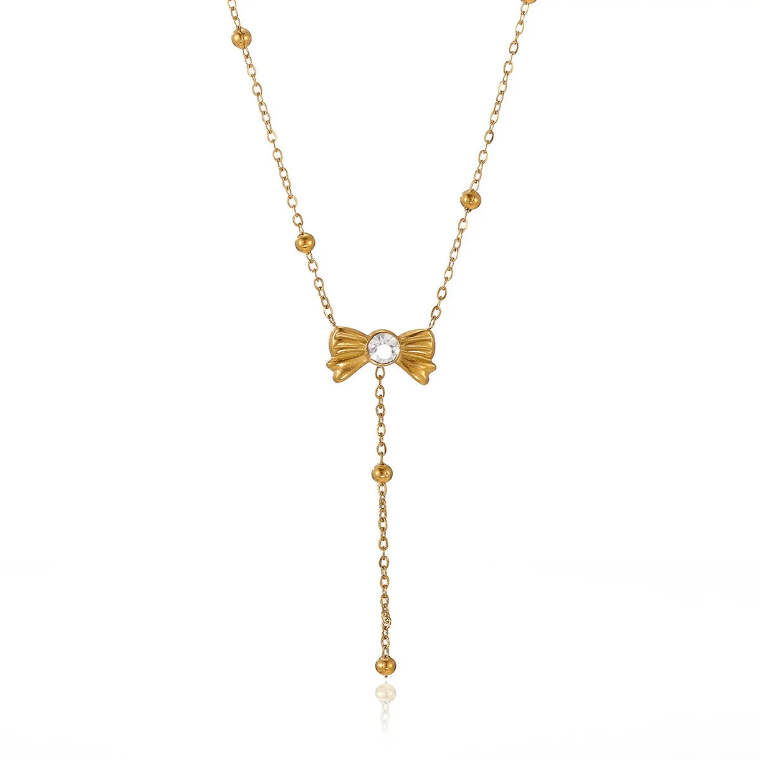 Gold Beaded Bow Crystal Necklace