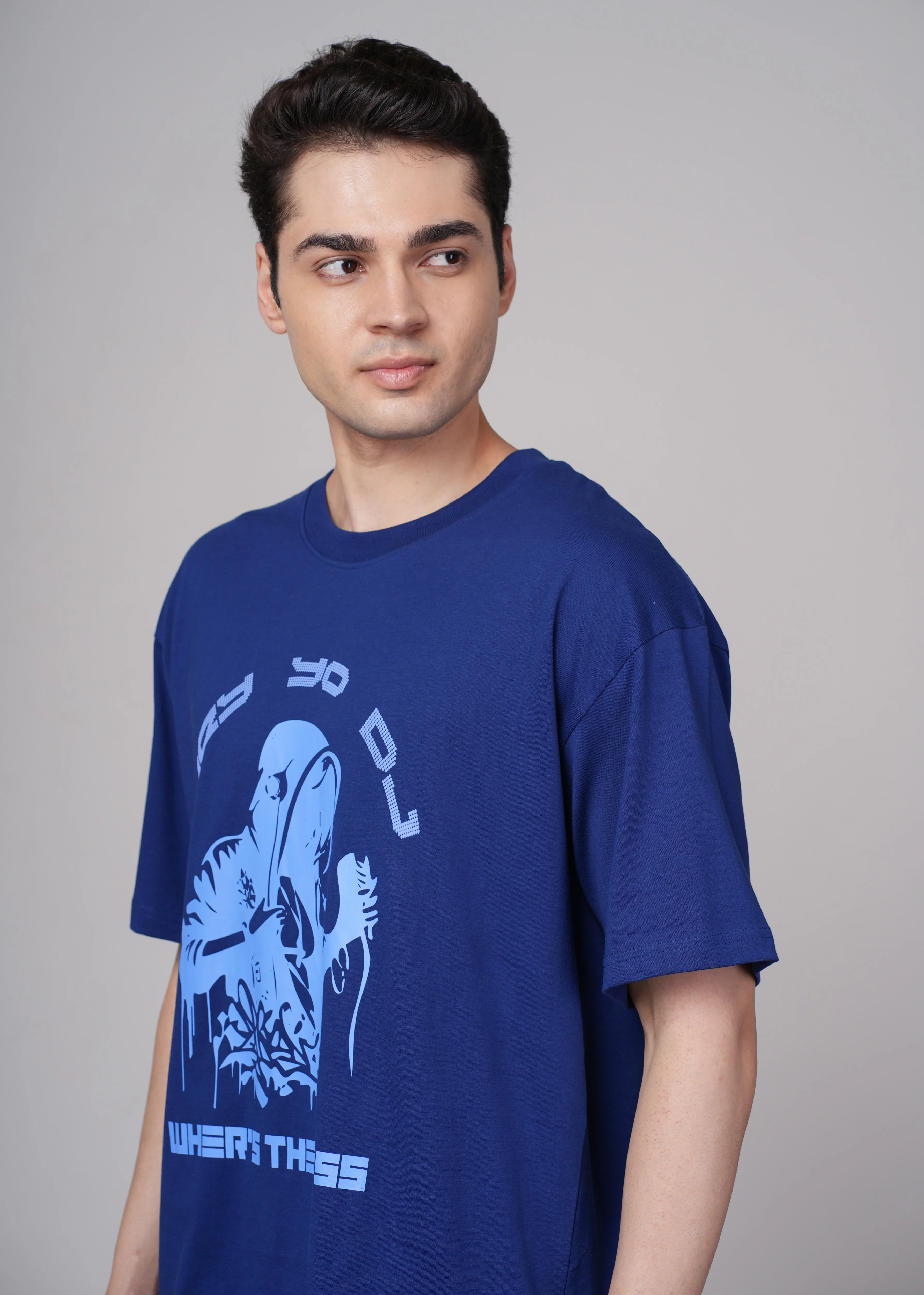 Men Blue Graphic Cotton Oversized T-Shirt - Image 6