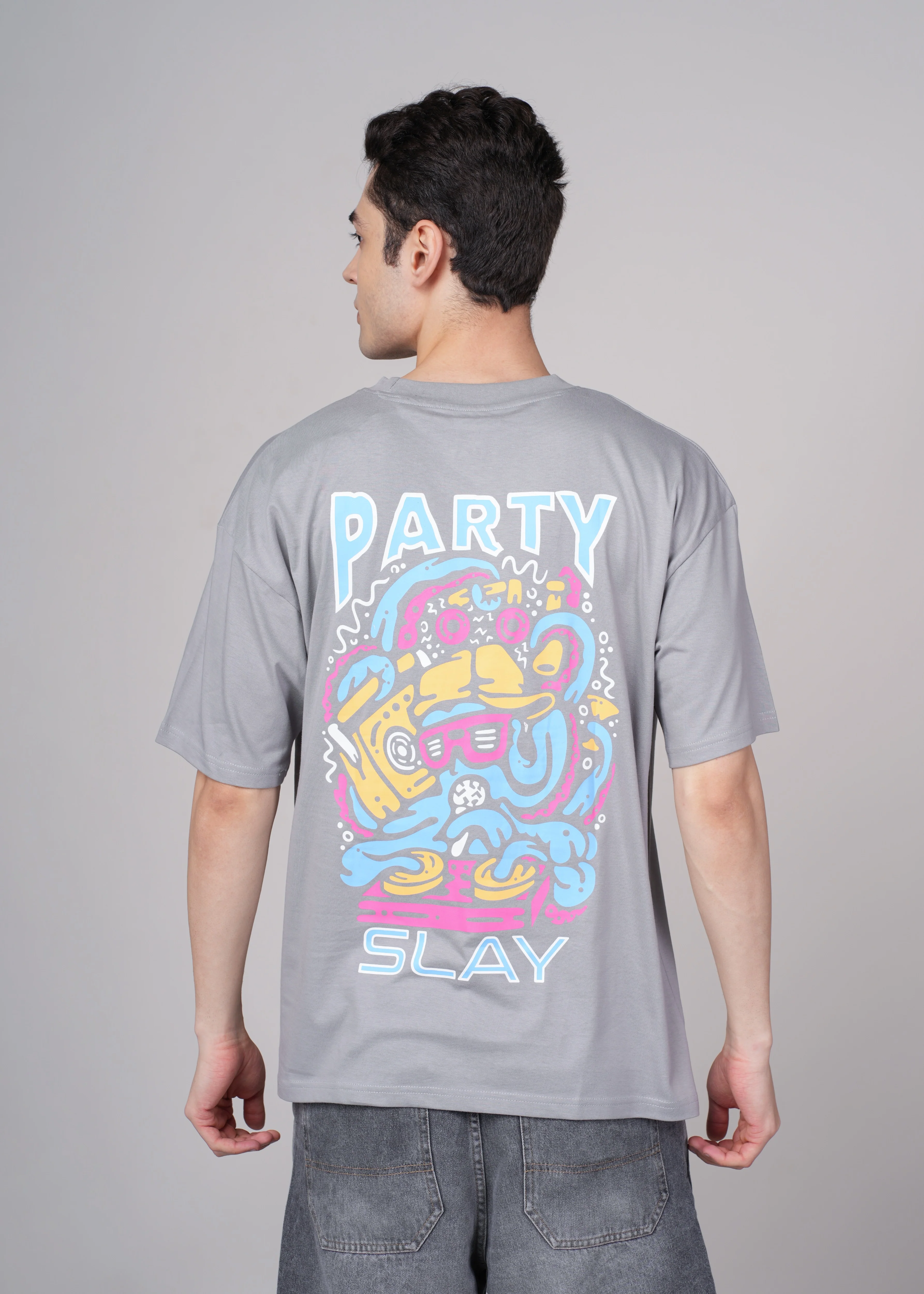 Men Grey Graphic Cotton Oversized T-Shirt - Image 2