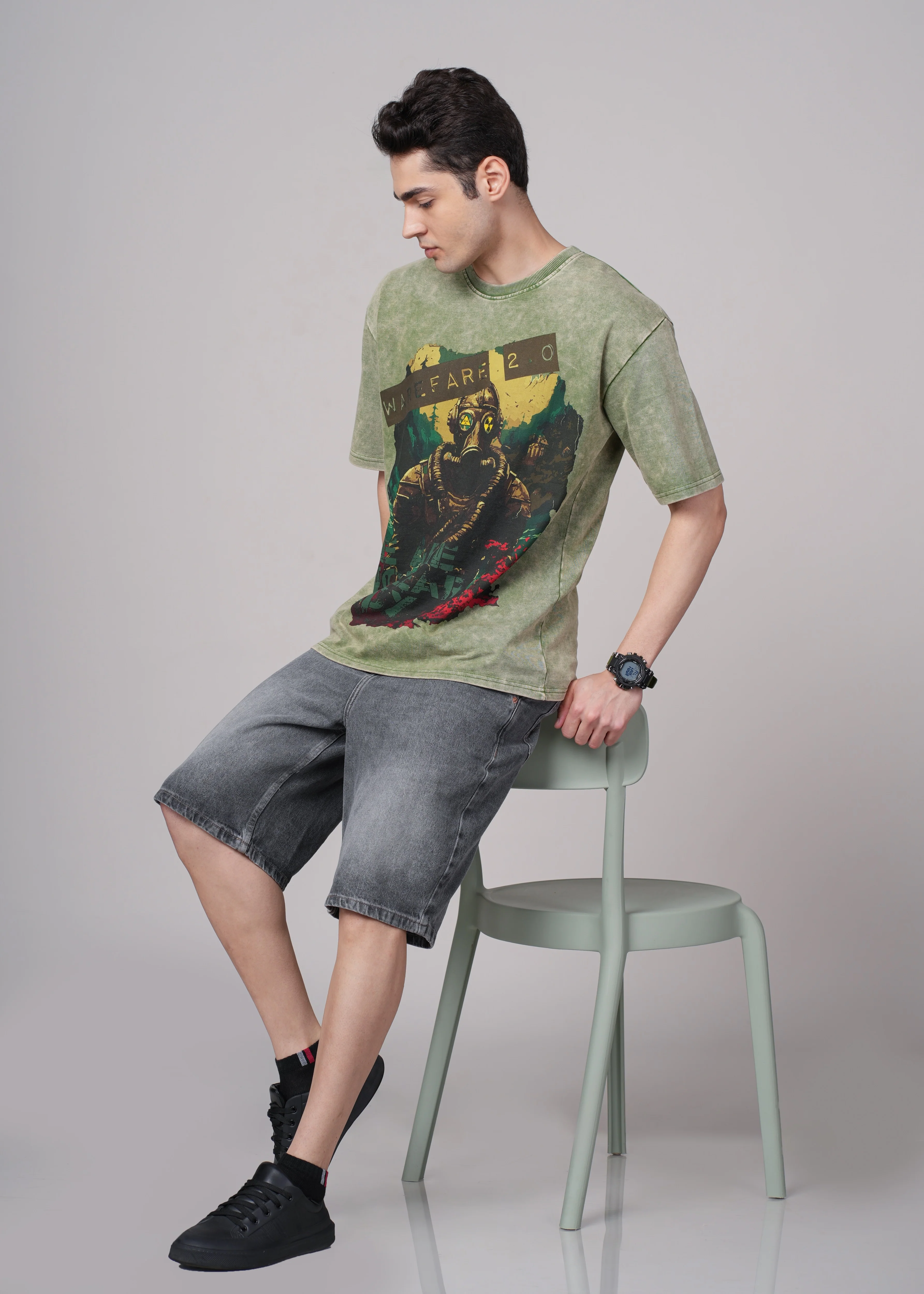 Men Olive Graphic Cotton Oversized T-Shirt - Image 8