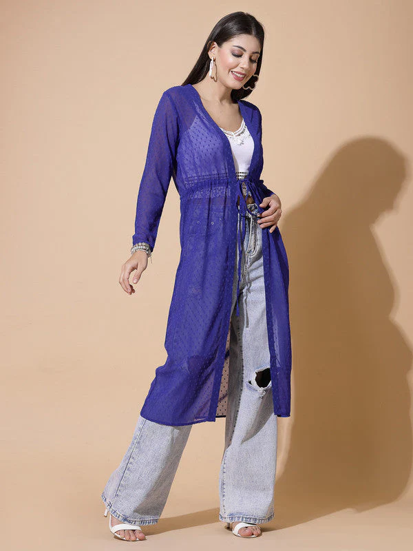 Women Odor-Free Blue Longline Tie-Up Shrug - Image 2