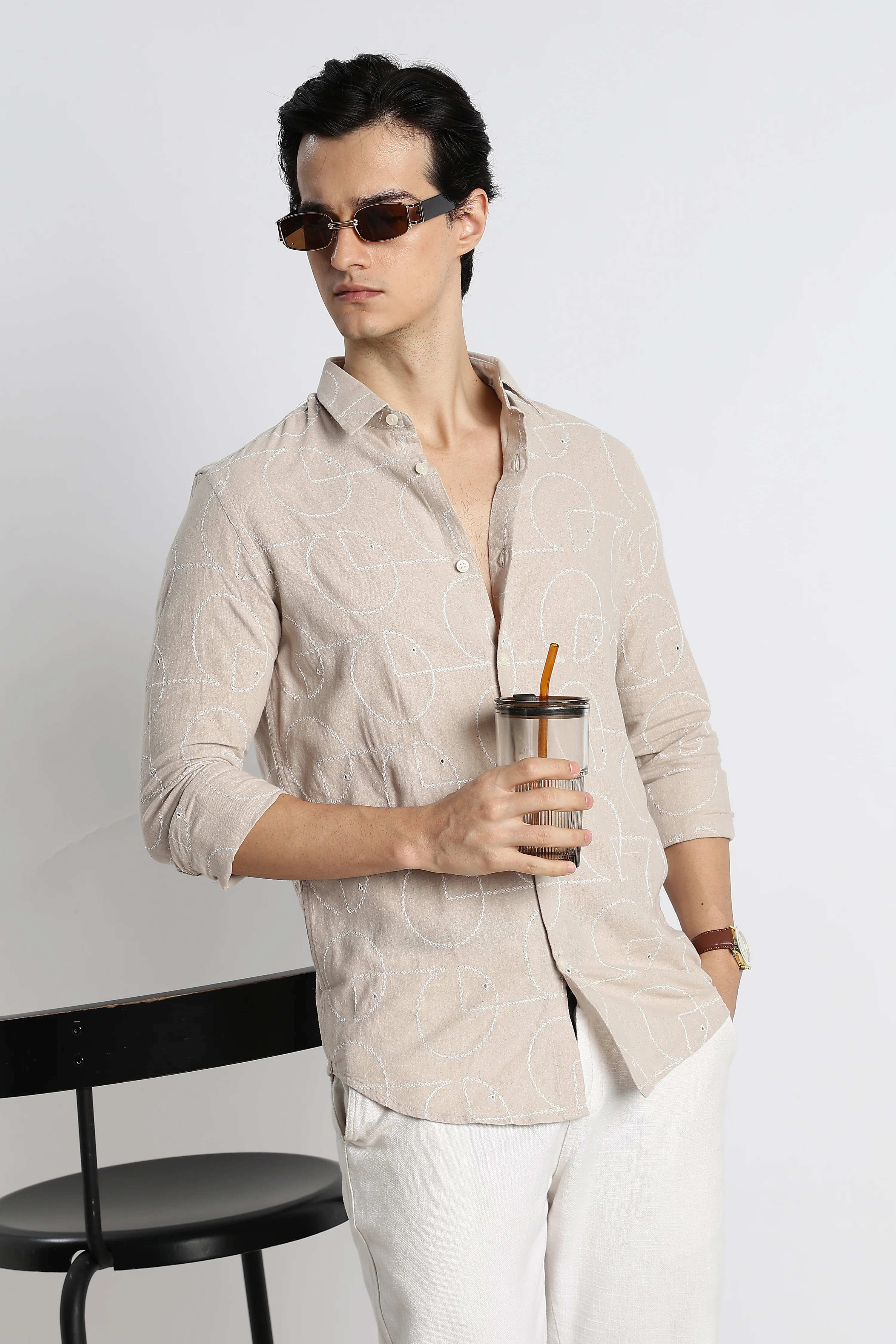 Men Abstract Geometry Cotton Shirt