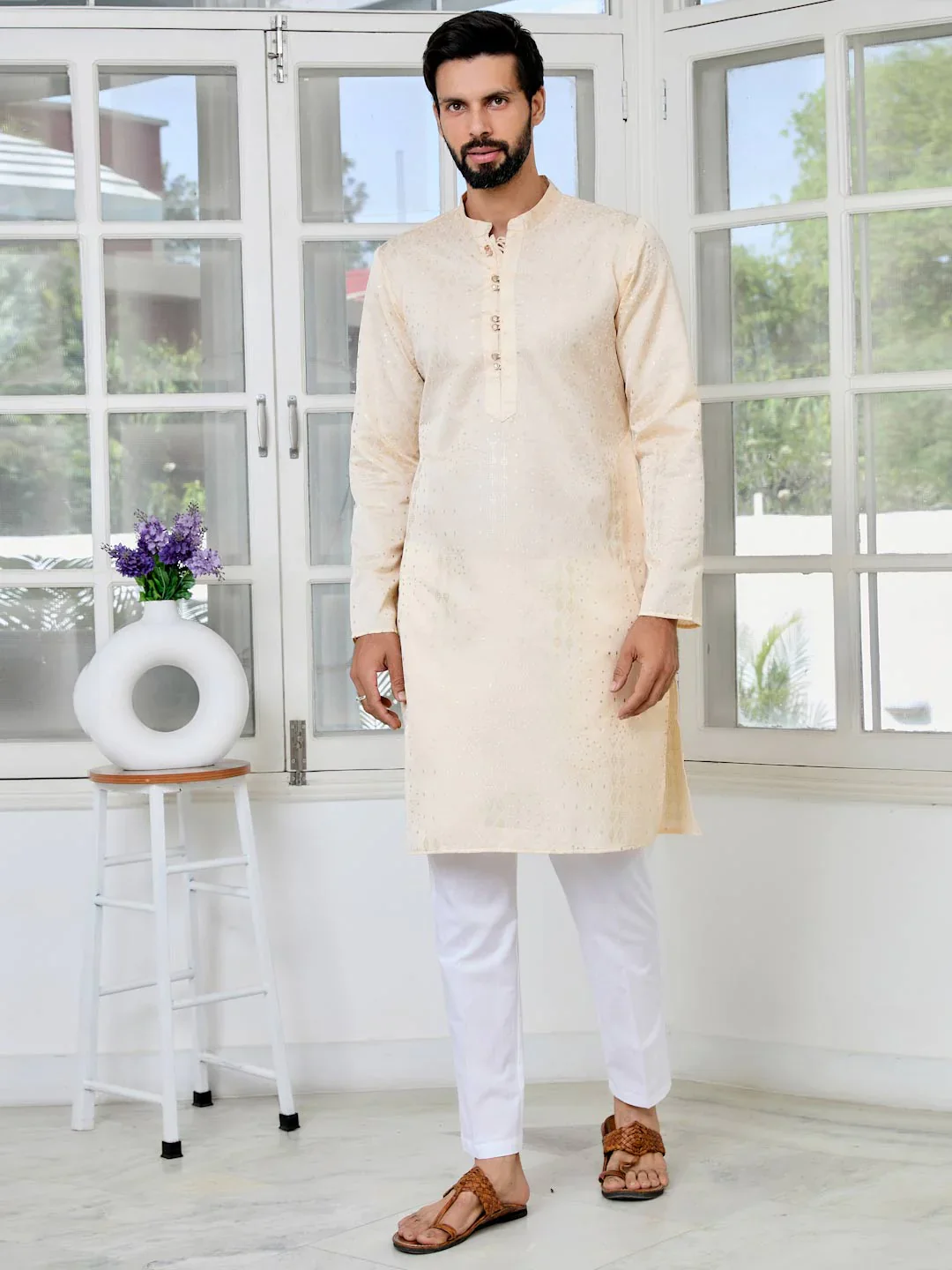 Men Beige Embossed Printed And Foil Printed Straight Kurta