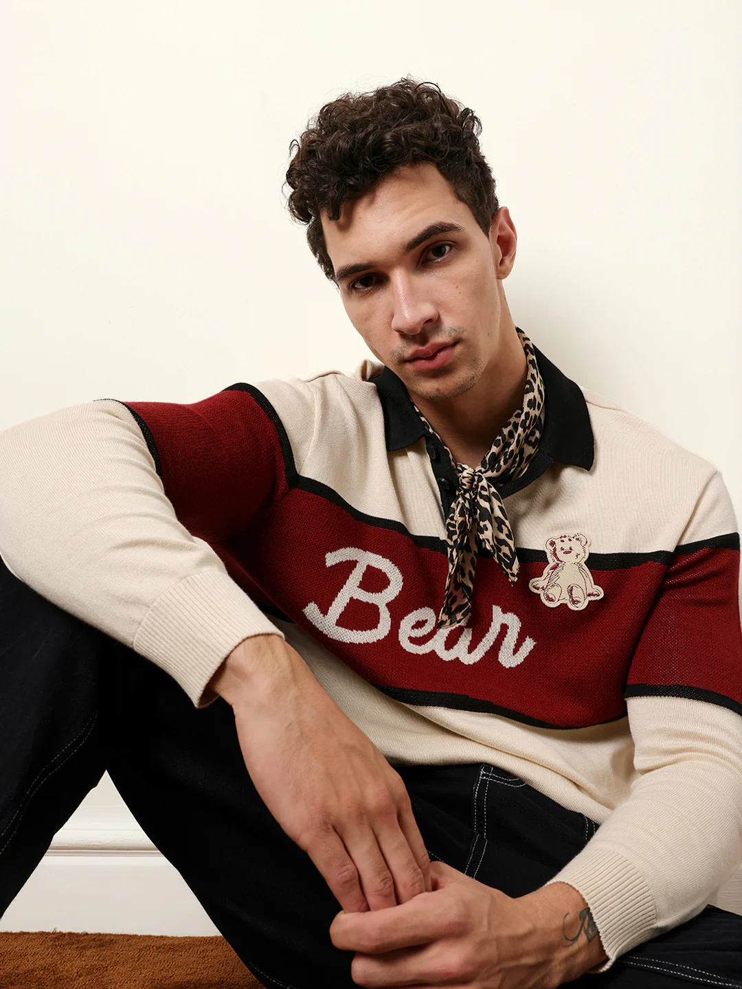 Men Beige Full Sleeve Polo T-Shirt
