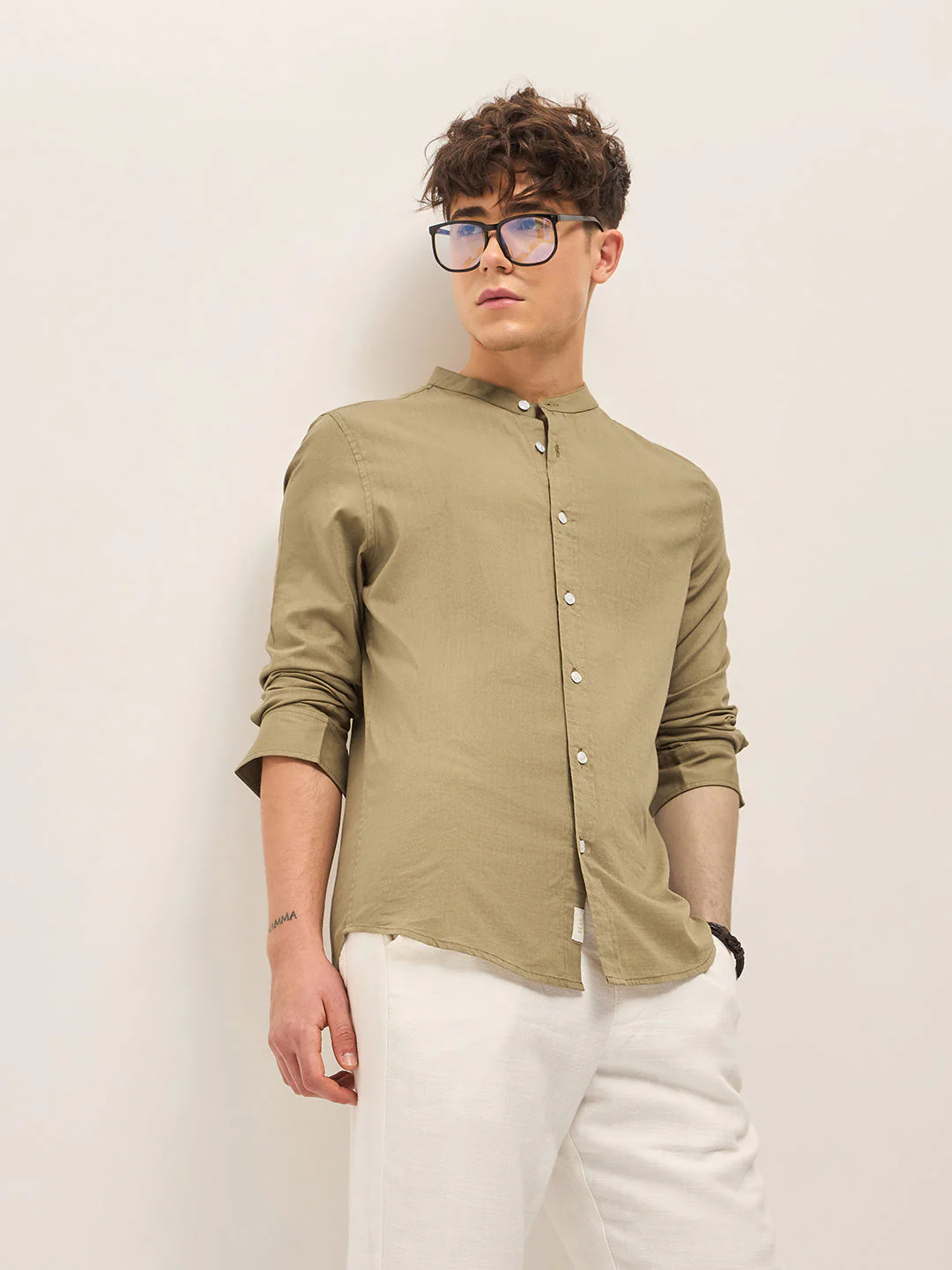 Men Beige Mandarin Collar Slim Fit Casual Shirt