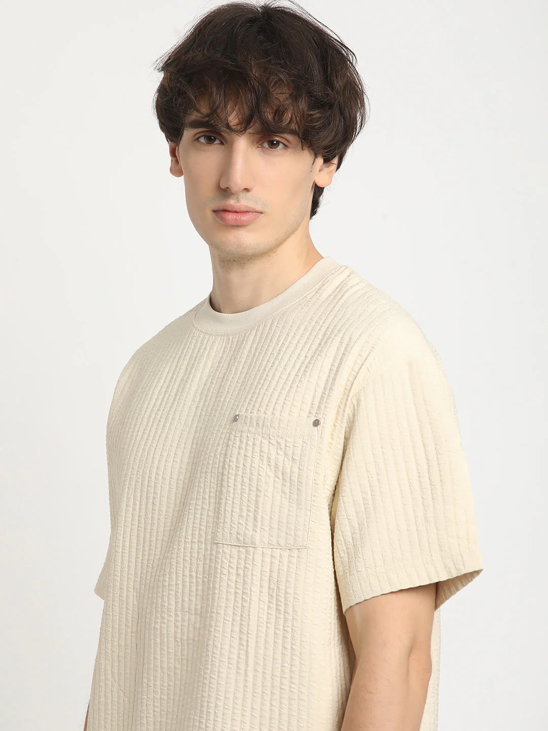 Men Beige Oversized Fit Round Neck T-shirt