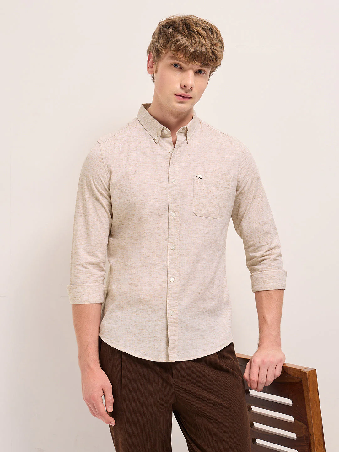 Men Beige Self Design Slim Fit Casual Shirt