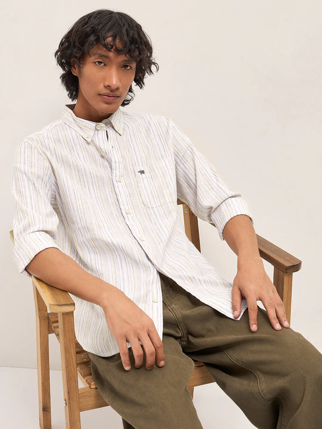 Men Beige Vertical Stripes Slim Fit Casual Shirt