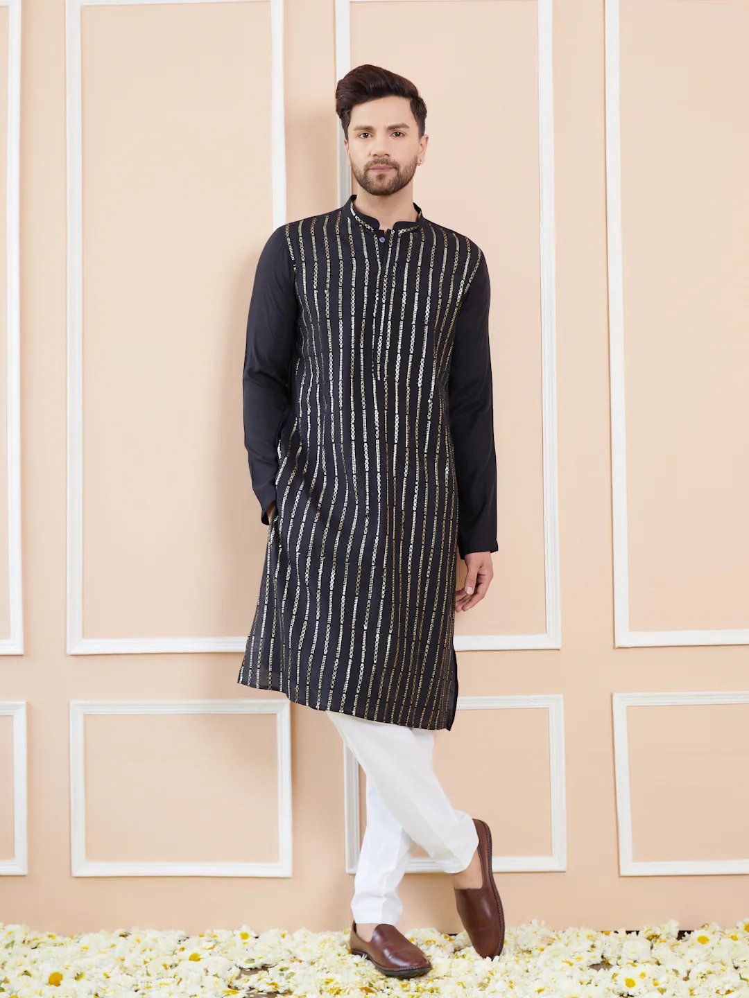 Men Black And Gold Chanderi Silk Sequins Kurta