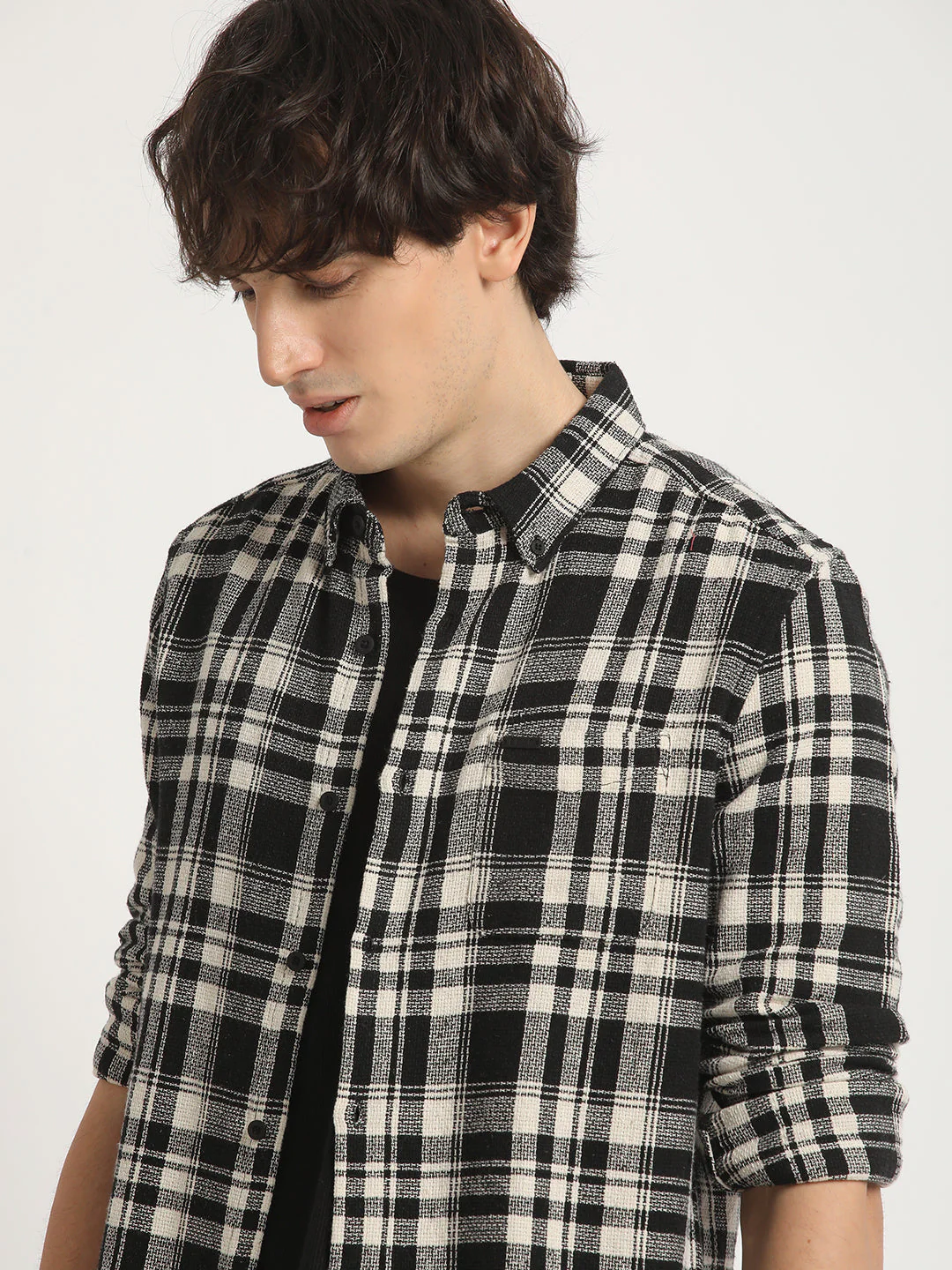 Men Black Checked Slim Fit Cotton Casual Shirt