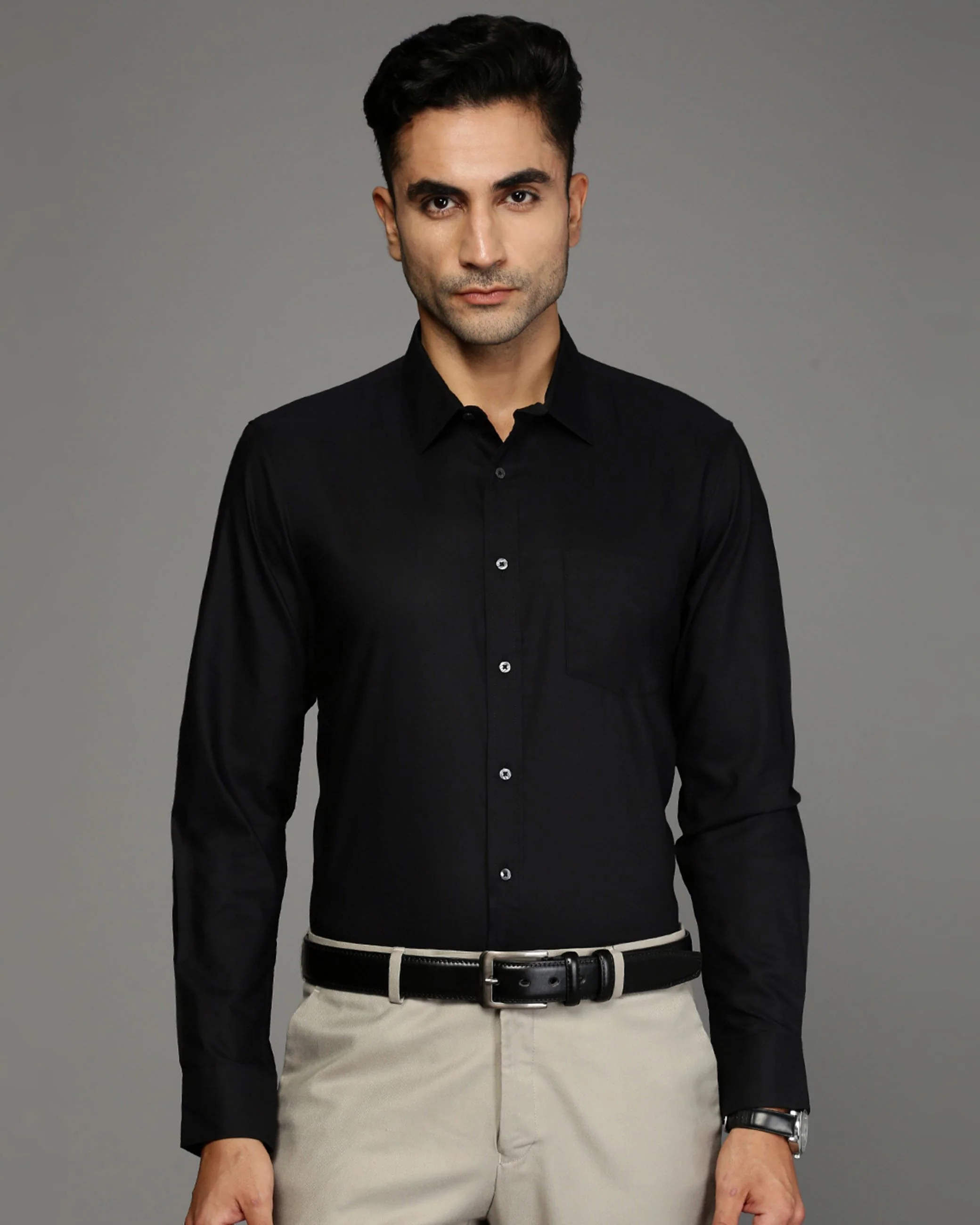Men Black Cotton Blend Slim Shirt - Image 2