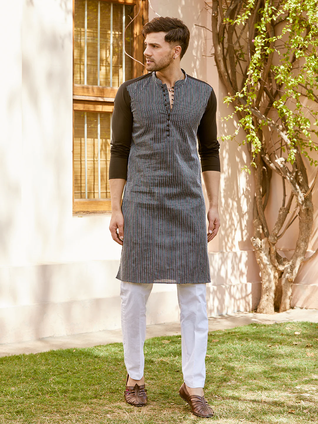 Men Black Cotton Pintex Design Multi Thread Work Kurta