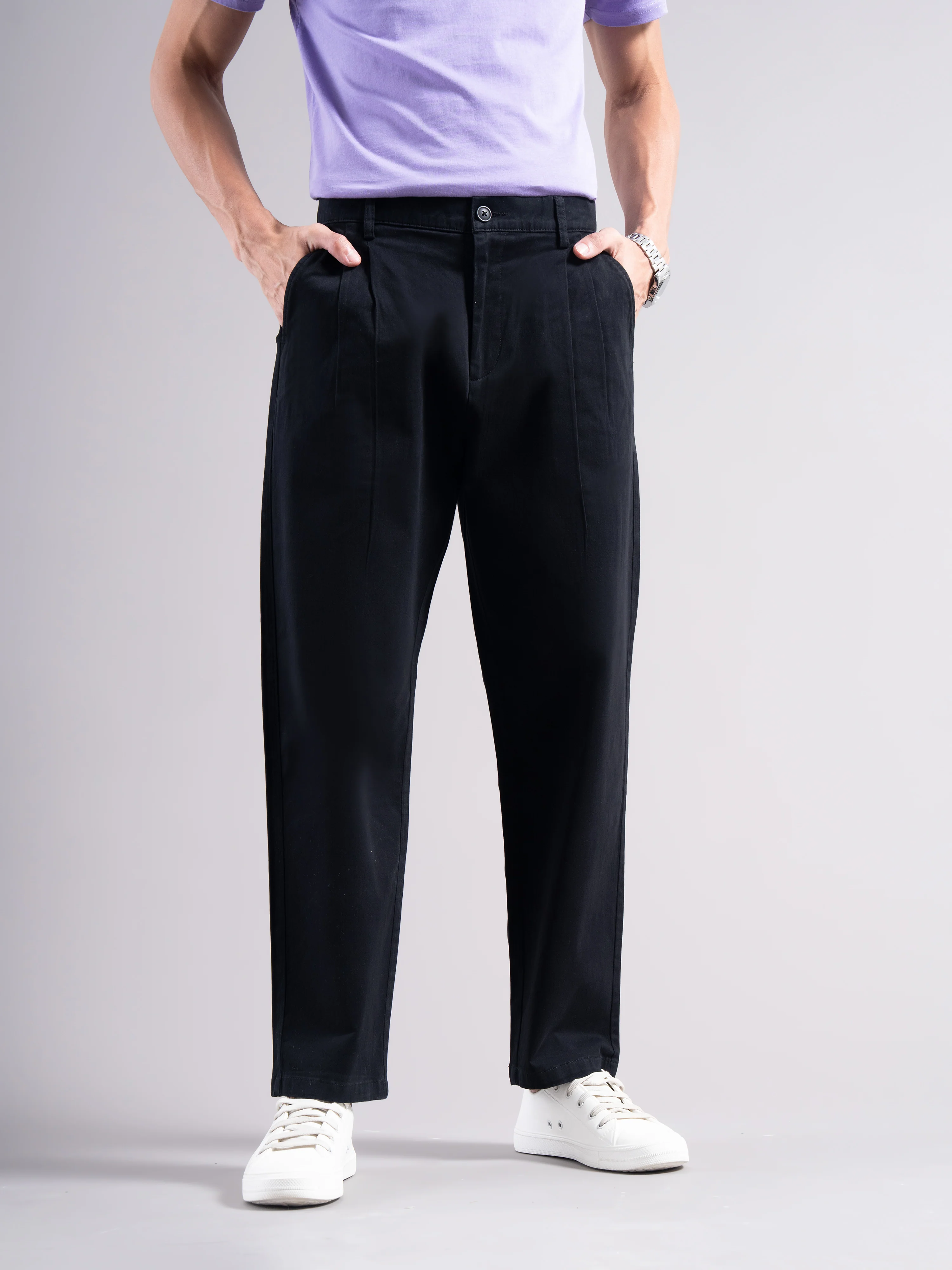 Men Black Elastic Waist Trousers