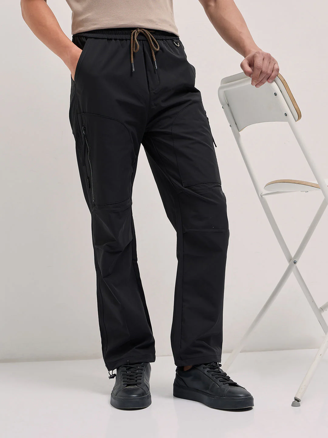 Men Black Relaxed Fit Polyester Cargo Pants