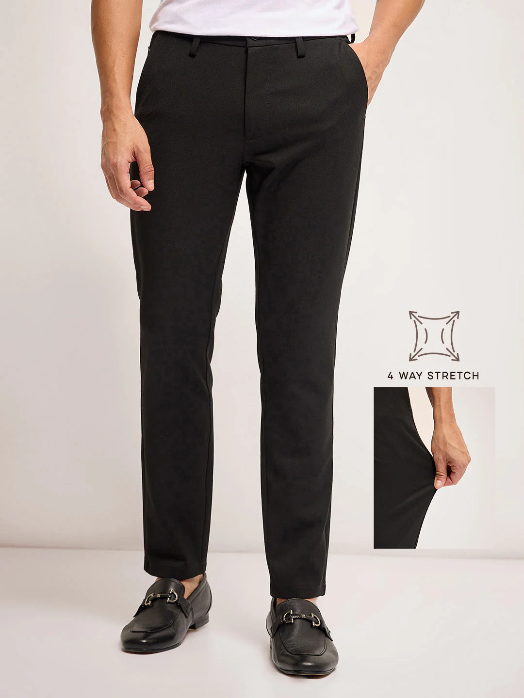 Men Black Solid 4 Way Stretch Formal Trouser