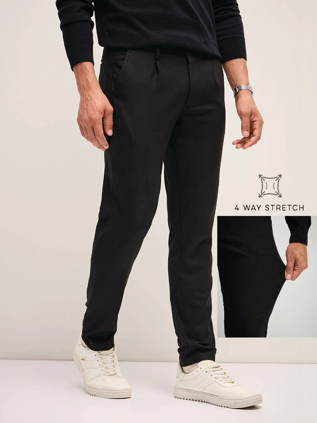 Men Black Solid 4 Way Stretch Formal Trouser