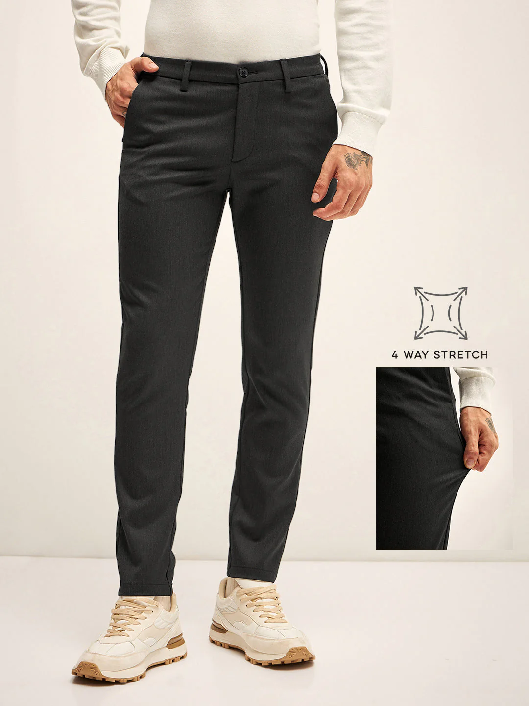 Men Black Solid 4 Way Stretch Formal Trouser