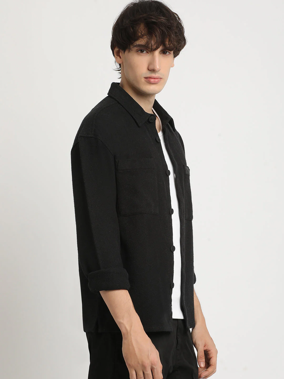 Men  Black Solid Regular Fit Cotton Overshirt - Image 3