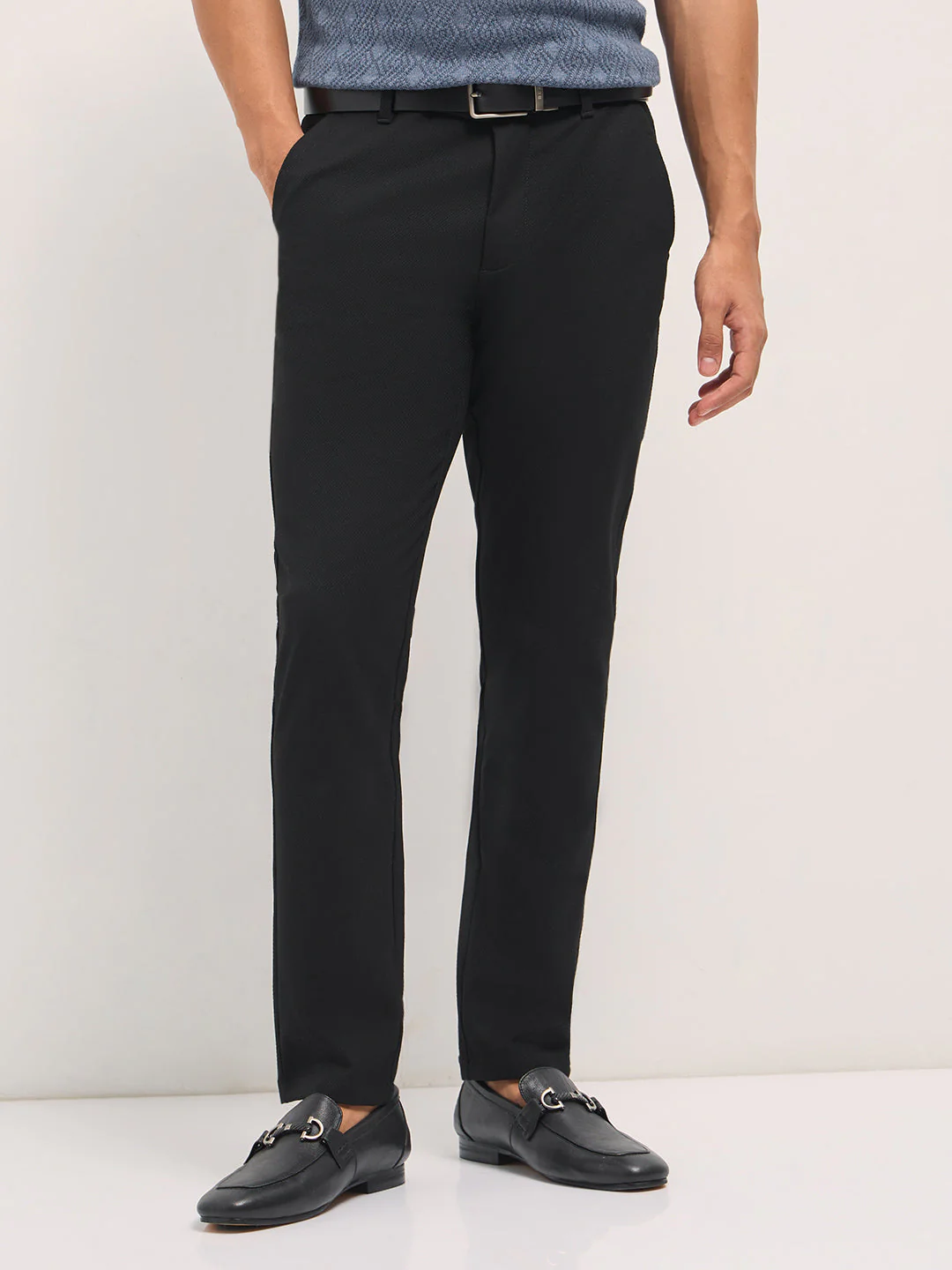 Men Black Textured Polyester Blend Slim Fit Formal Trousers - Image 7