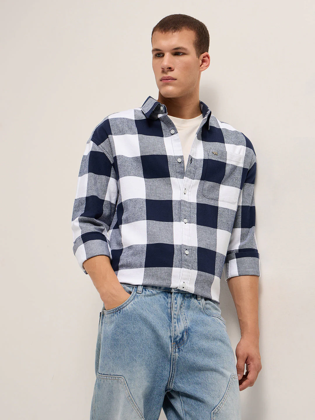 Men Blue and White Buffalo Check Relaxed Fit Casual Shirt