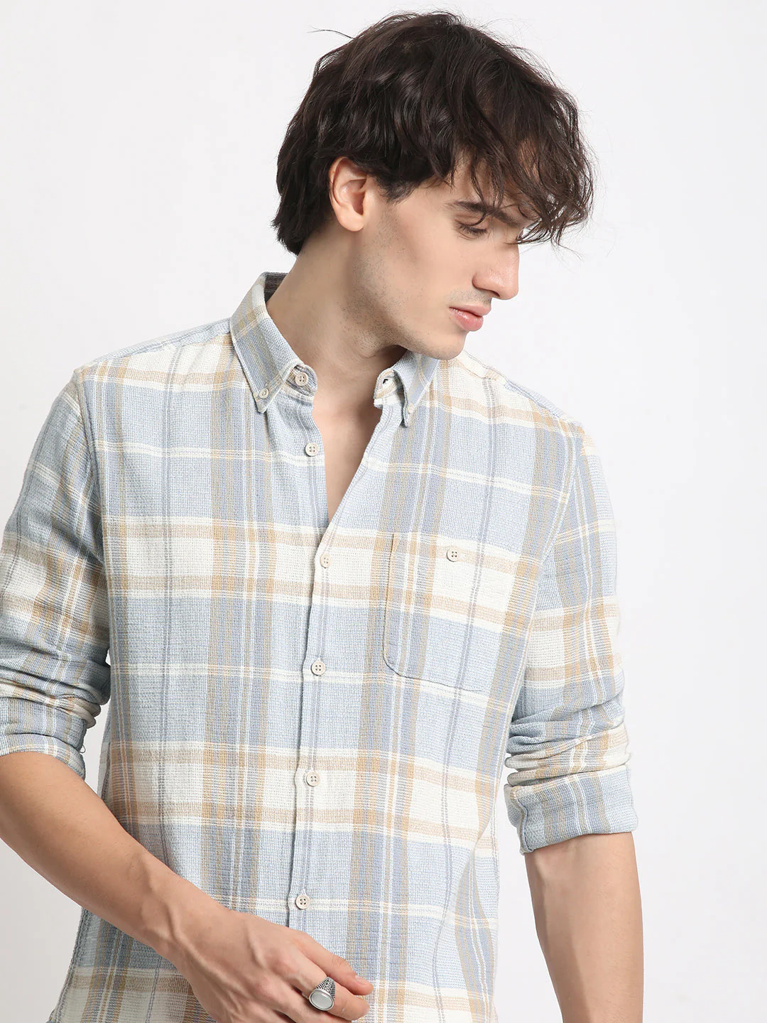 Men Blue Checked Slim Fit Cotton Casual Shirt