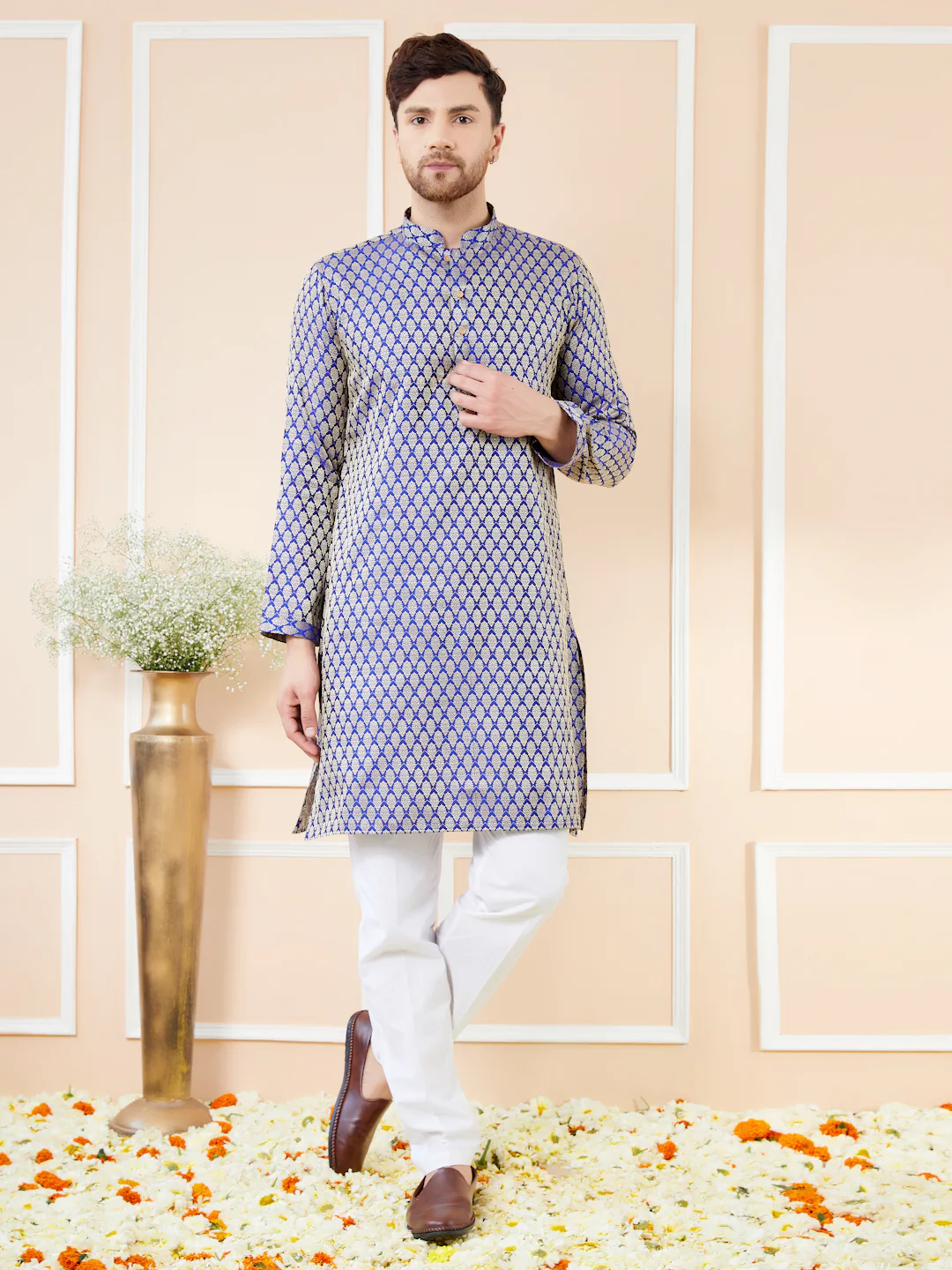 Men Blue Ethnic Motifs Silk Jacquard Woven Design Straight Kurta