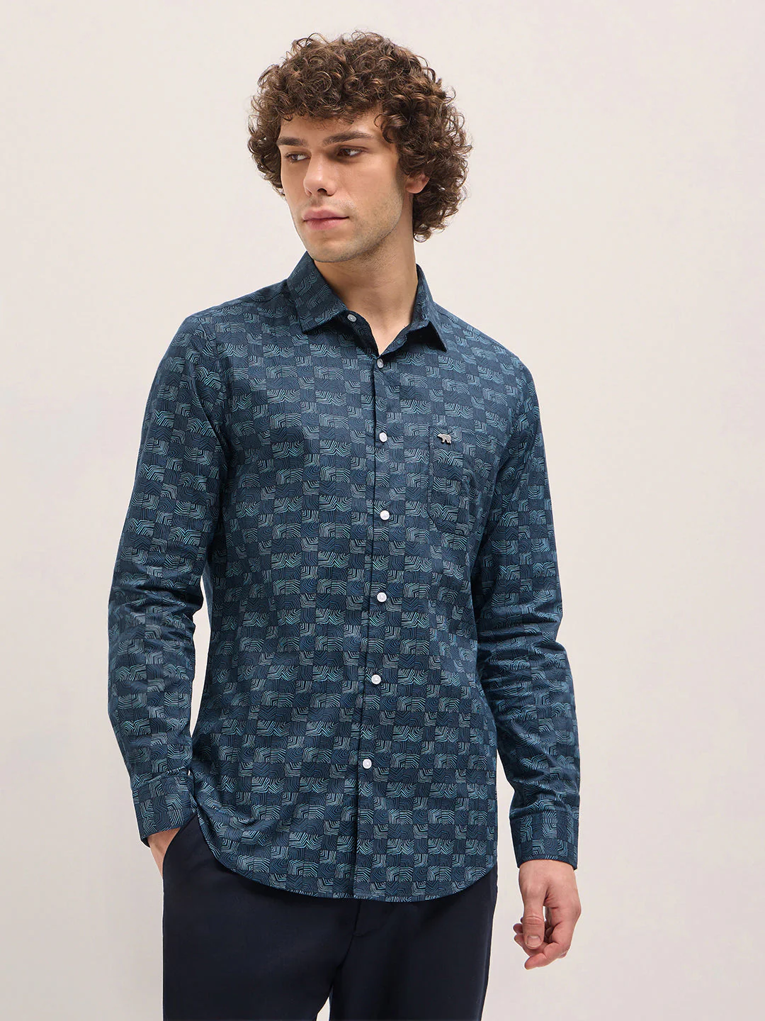 Men Blue Geometric Printed Tailored Fit Formal Shirt