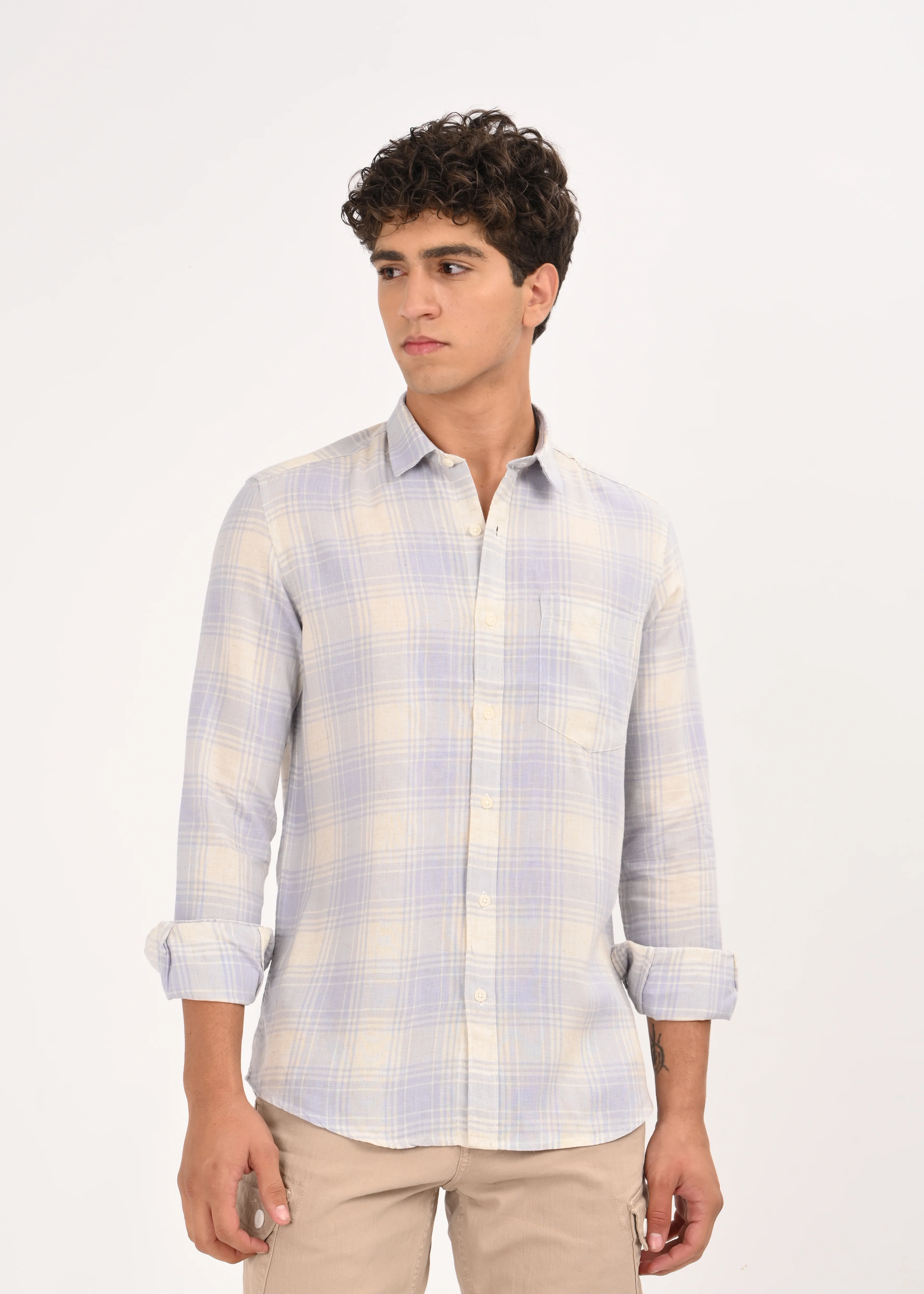 Men Blue Linen Cotton Checked Shirt