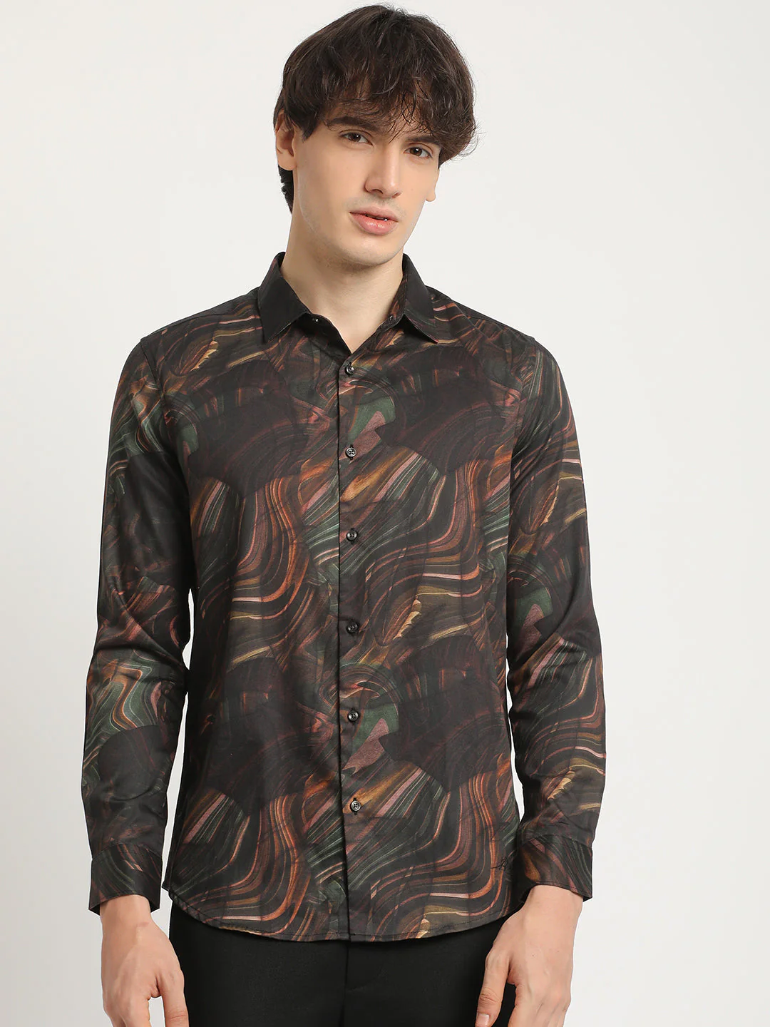 Men Brown Artistic Swirl Print Slim Fit Casual Shirt - Image 2