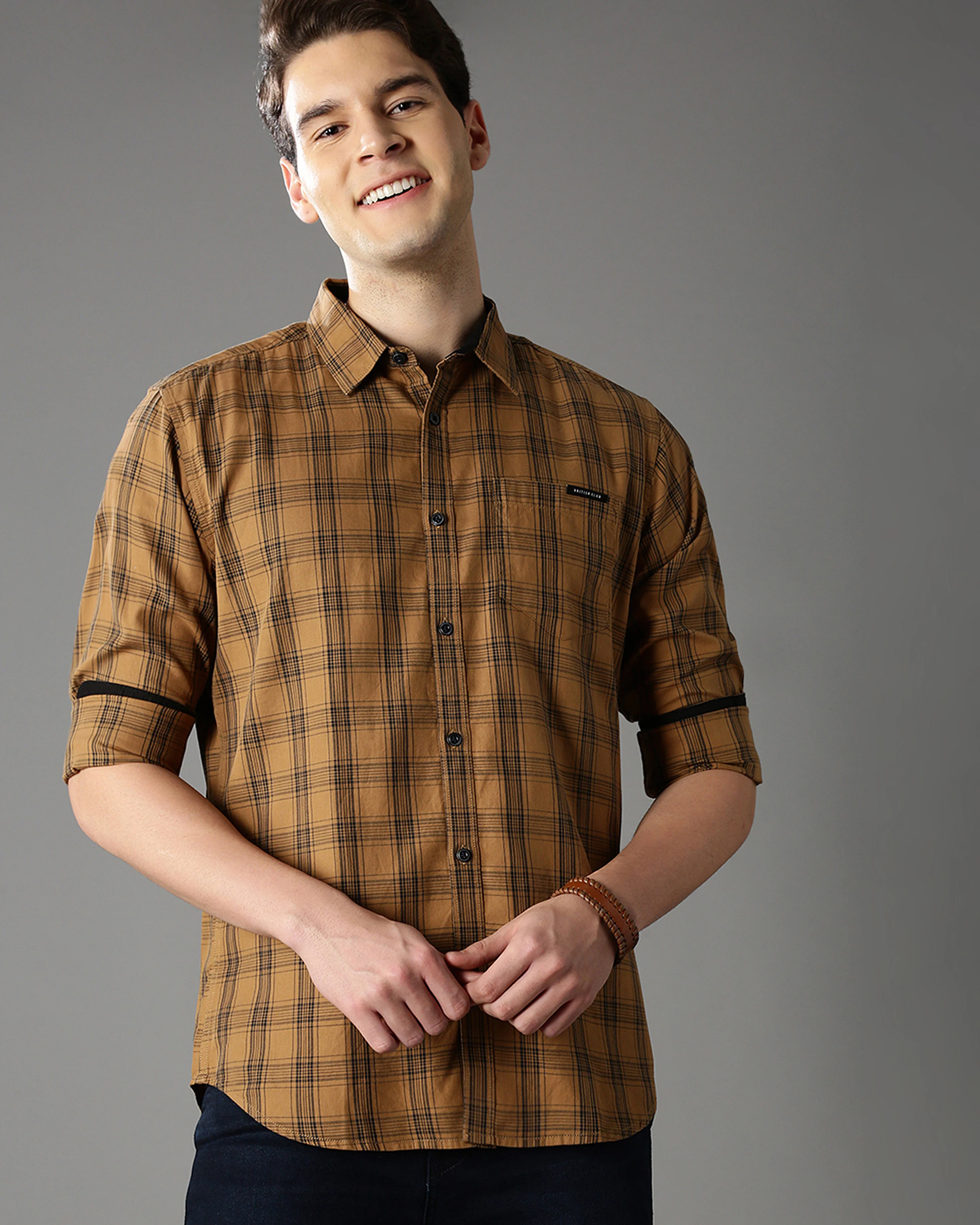 Men Brown Cotton Slim Shirt