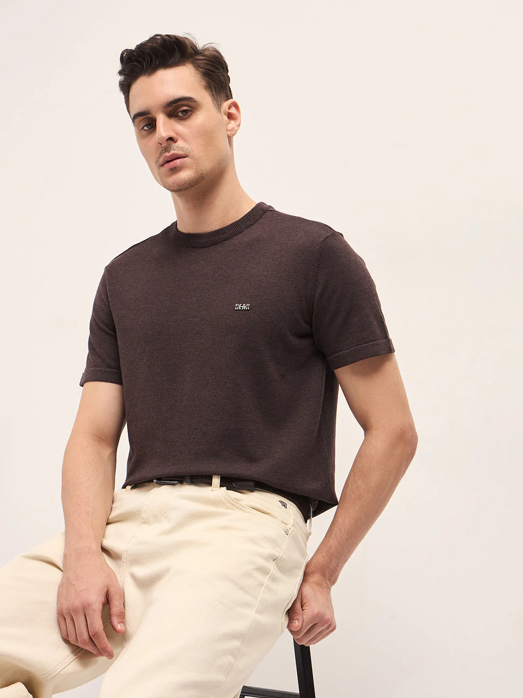 Men Brown Solid Regular Fit Ribbed Crew Neck T-shirt