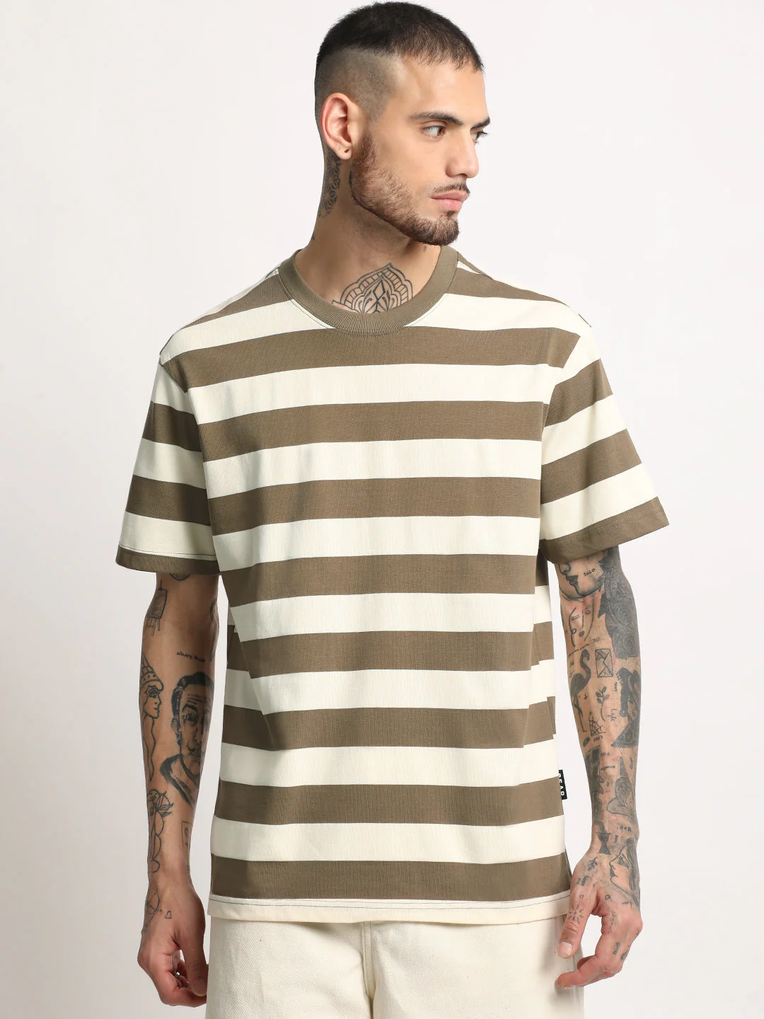 Men  Brown Stripe Round Neck T-shirt - Image 2