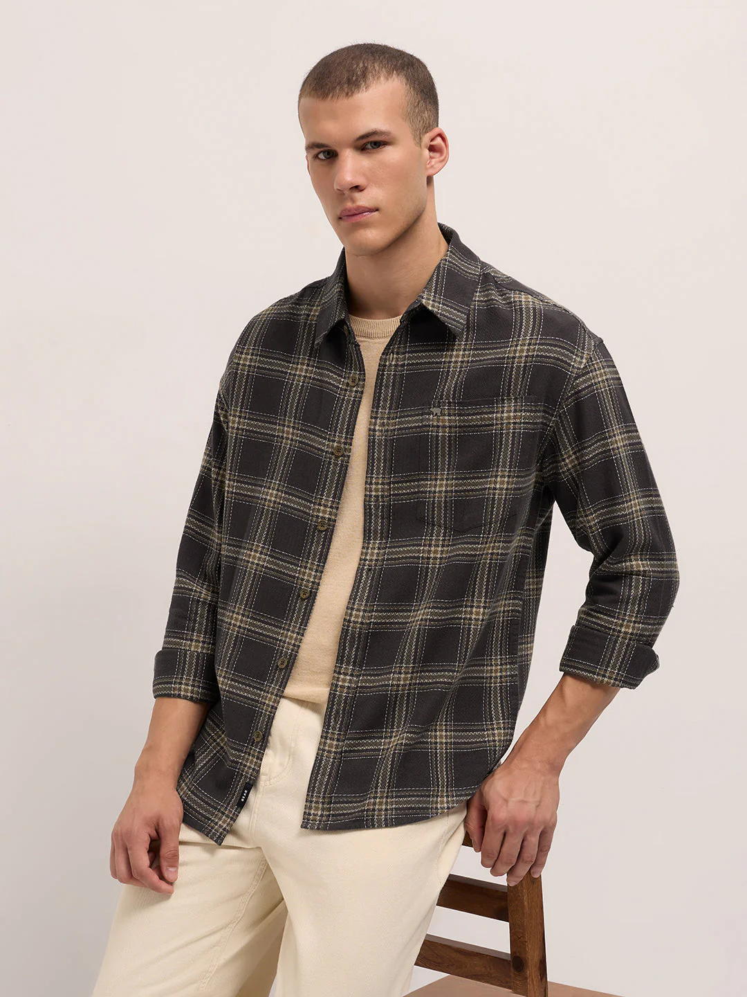Men Brown Woven Checked Design Relaxed Fit Overshirt