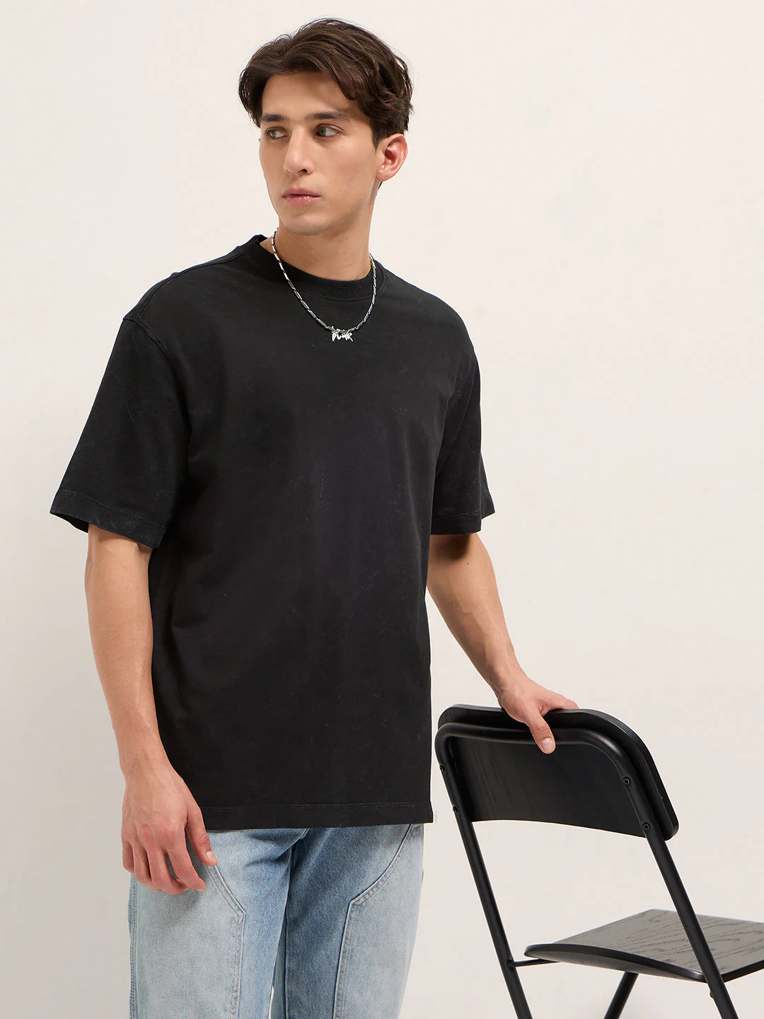 Men Charcoal Grey Oversized Washed T-Shirt