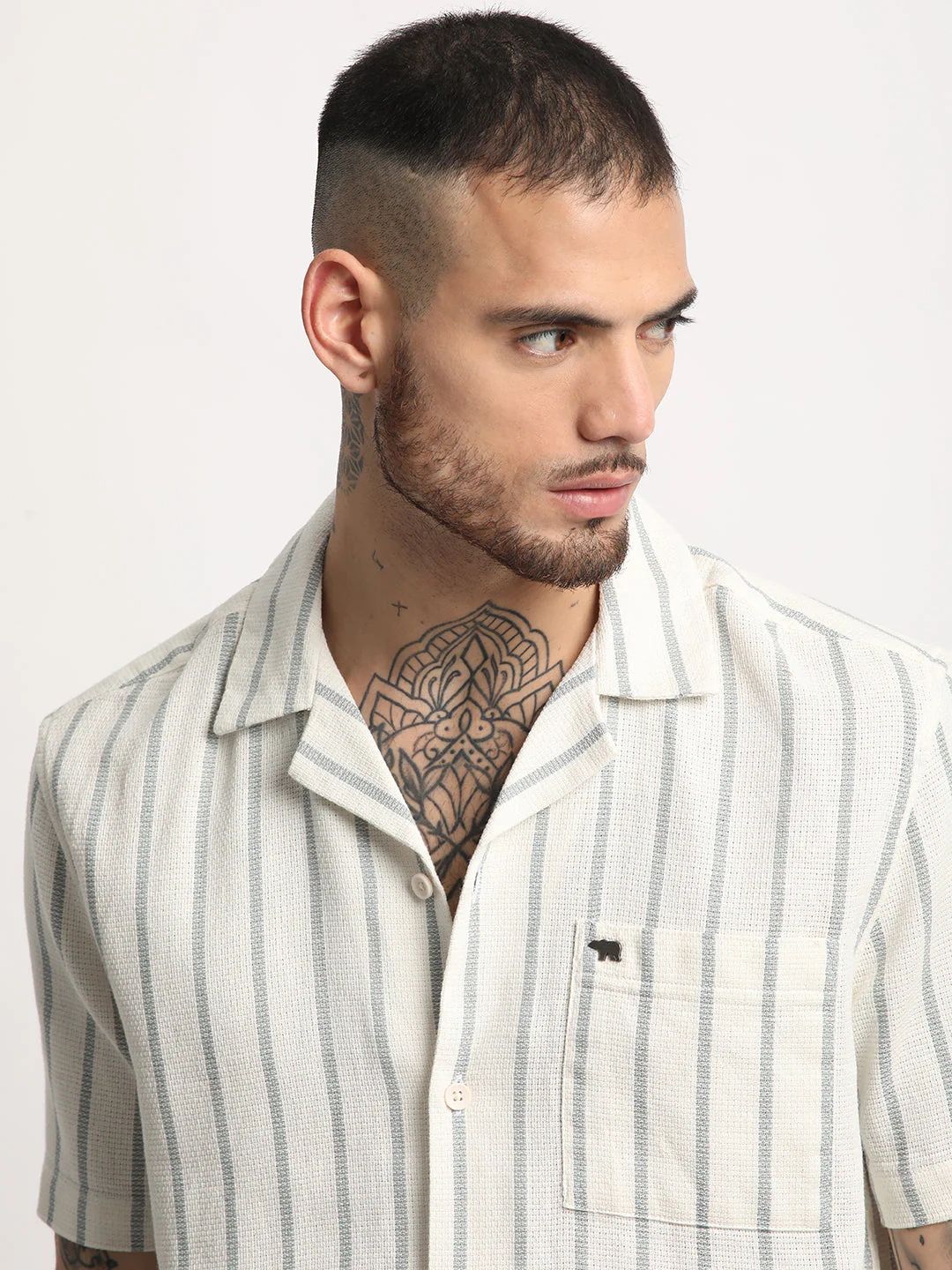 Men  Cream Stripe Regular Fit Casual Shirt