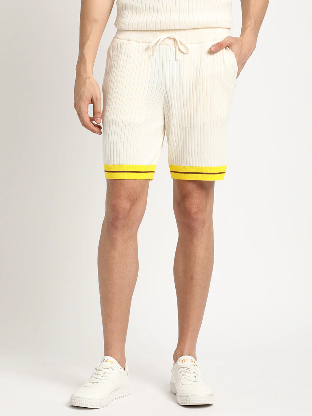 Men Cream Striped Regular Fit Cotton Shorts | The Bear House