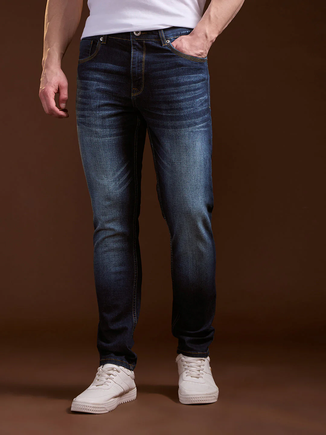 Men Dark BlueLight Fade Skinny Fit Mid-Rise Jeans