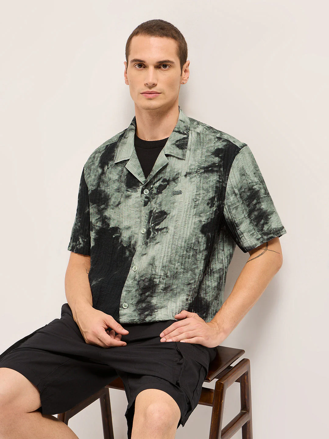 Men Dark Green Viscose Abstract print Relaxed Fit Cuban Collar Shirt