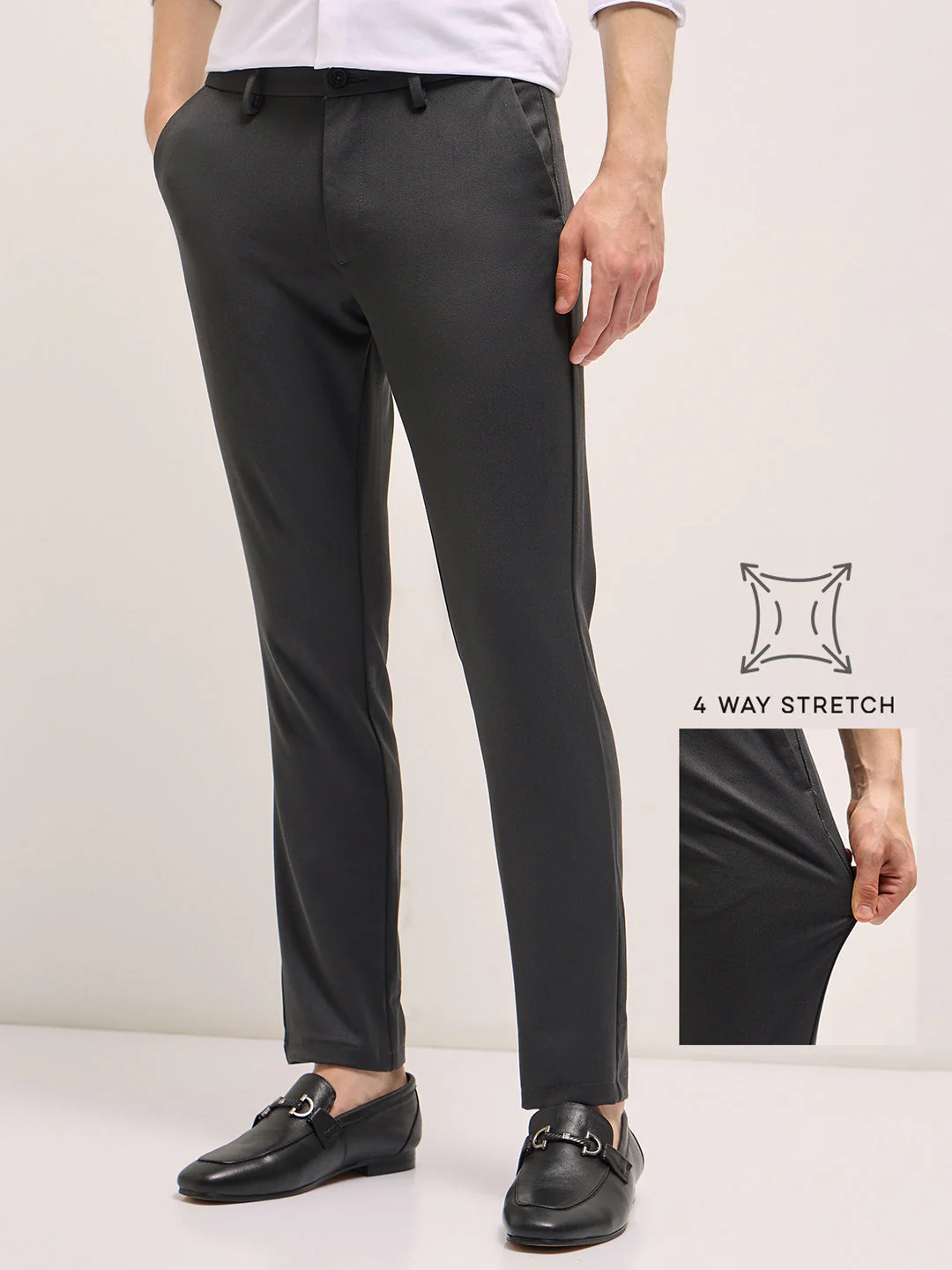 Men Dark Grey Solid 4 Way Stretch Formal Trouser