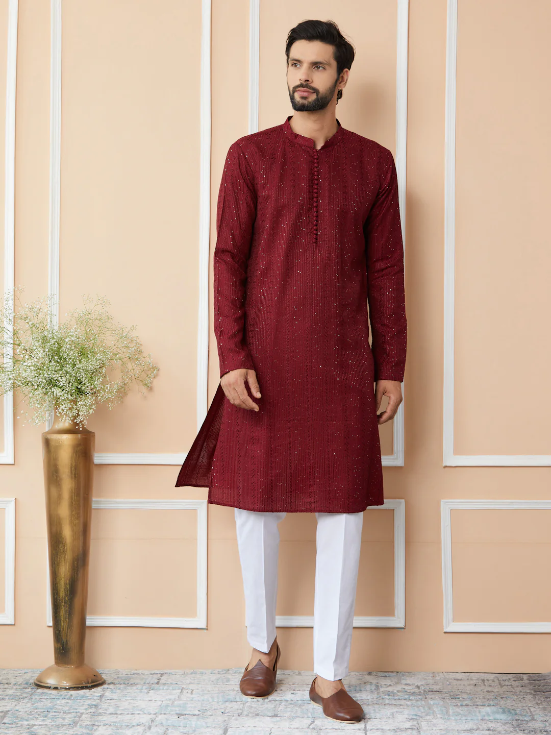 Men Dark Maroon Embroidered Thread Work Sequinned Chanderi Silk Straight Kurta