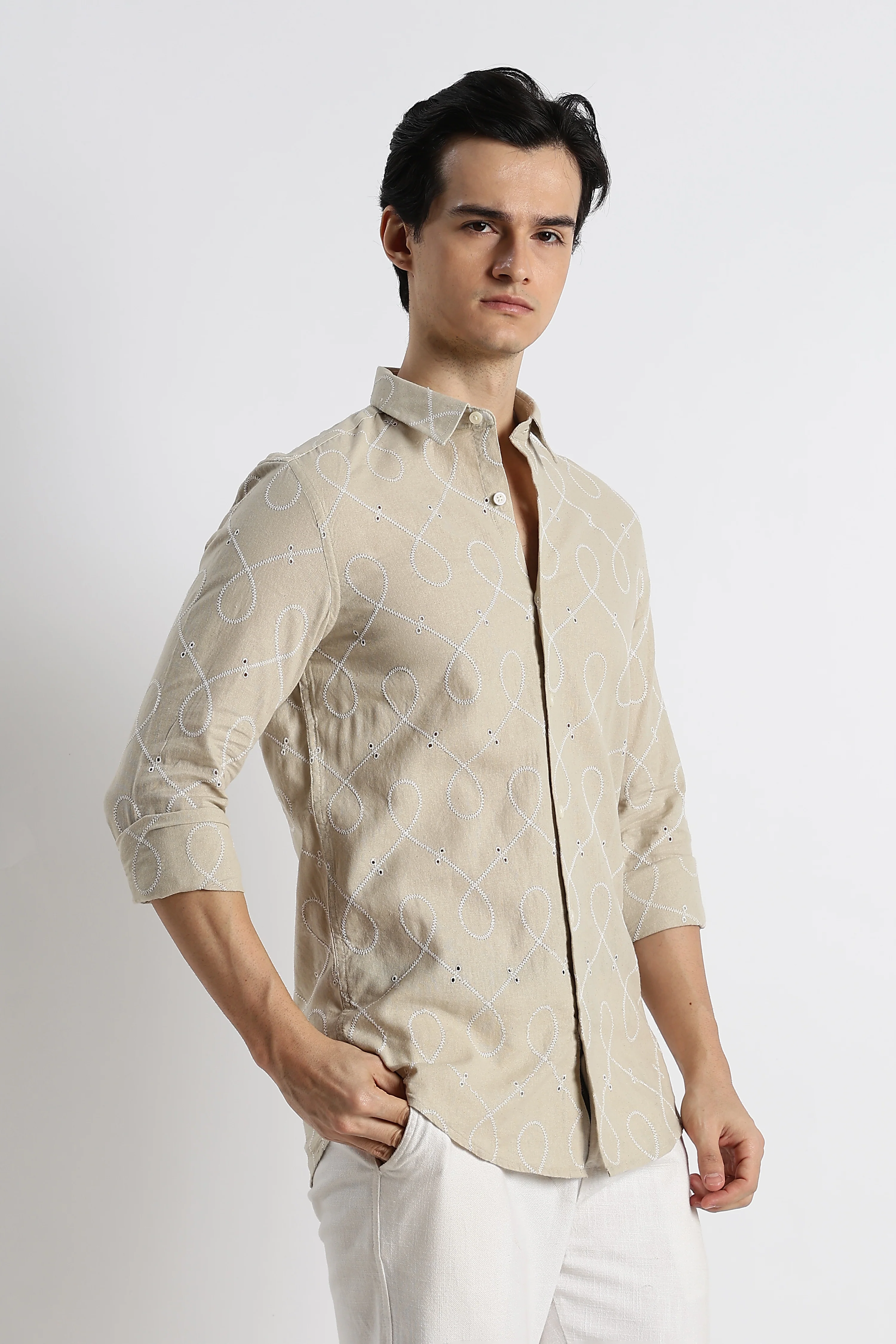 Men Embroidered Cotton-Linen Shirt - Image 10