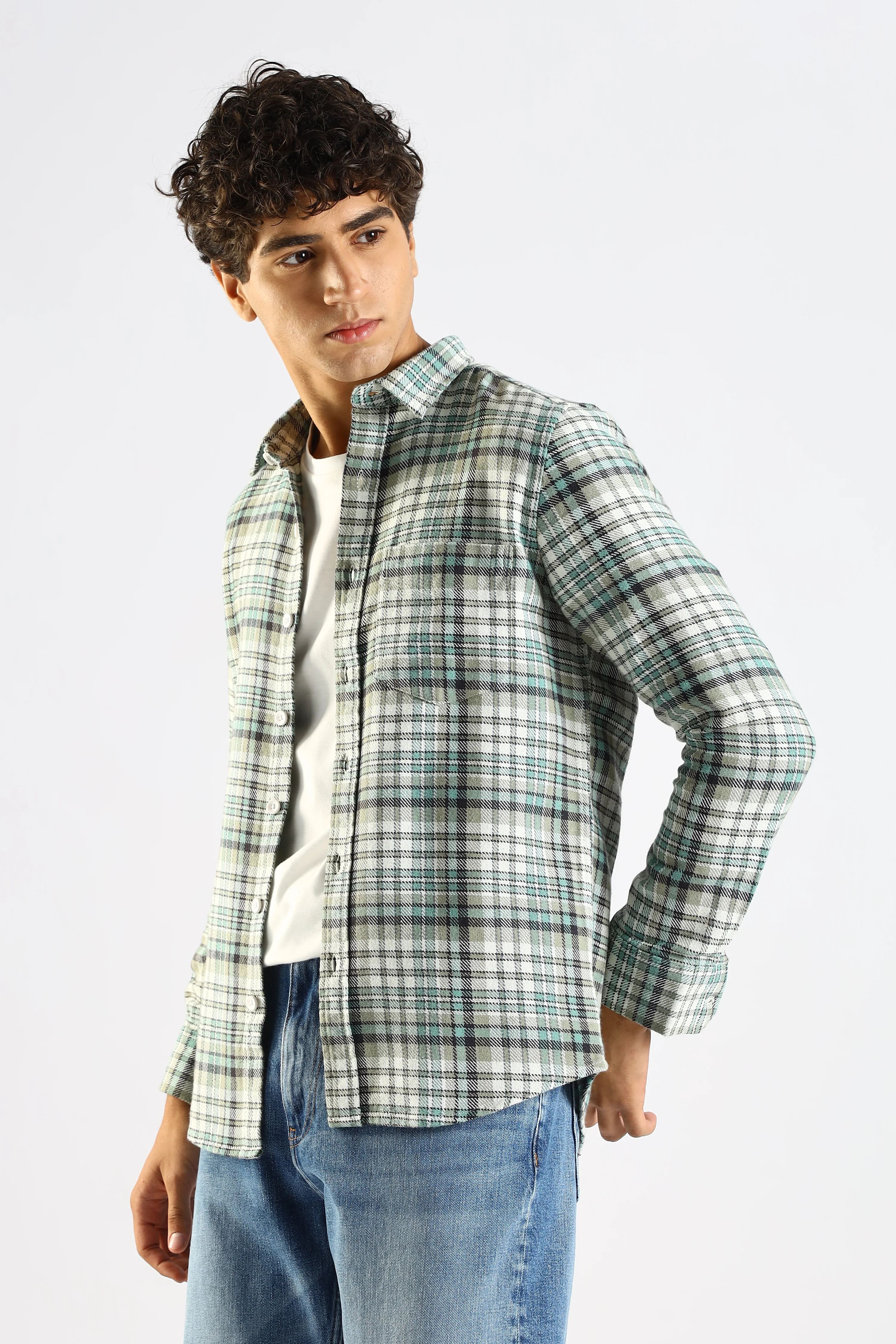 Men Green Cotton Blend Checked Shirt