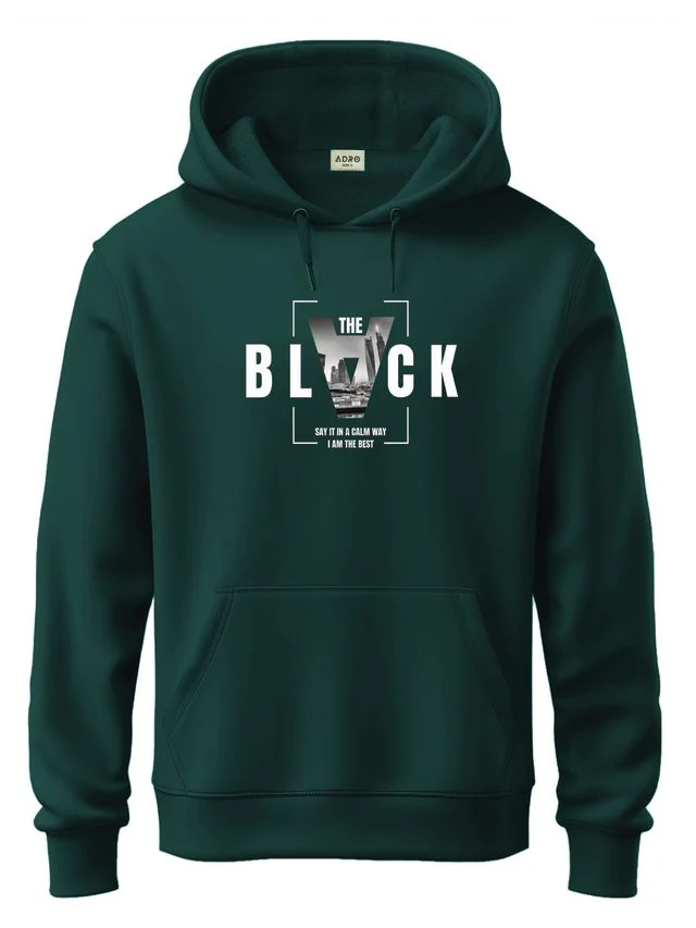 Men Green Cotton Fleece Printed Hoodie