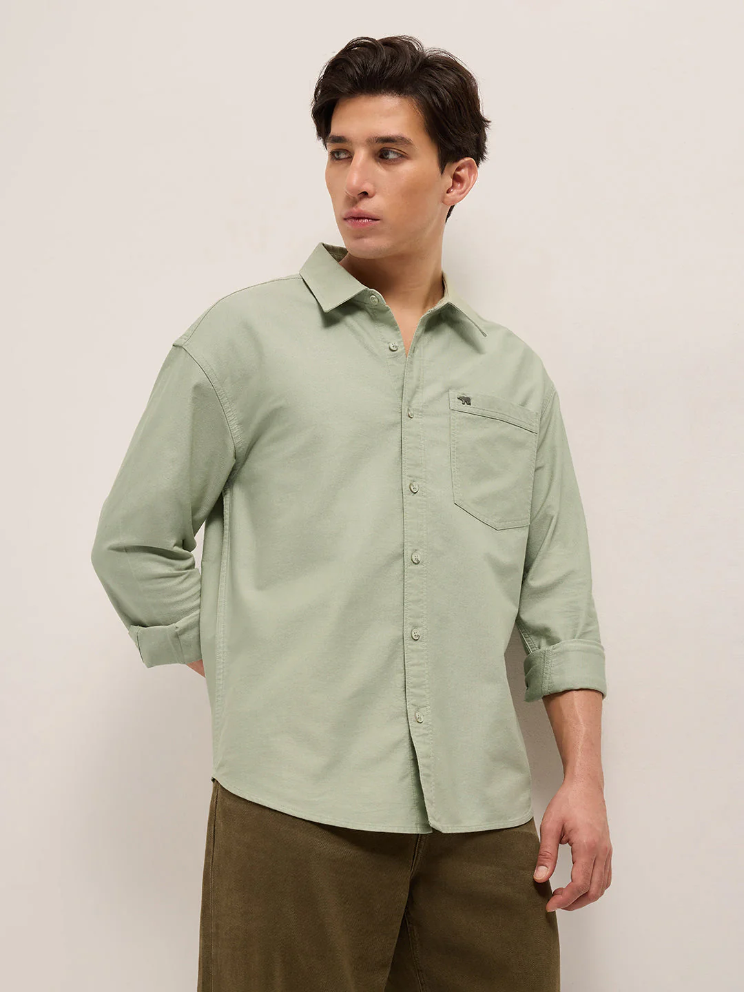 Men Green Cotton Solid Relaxed Fit Overshirt