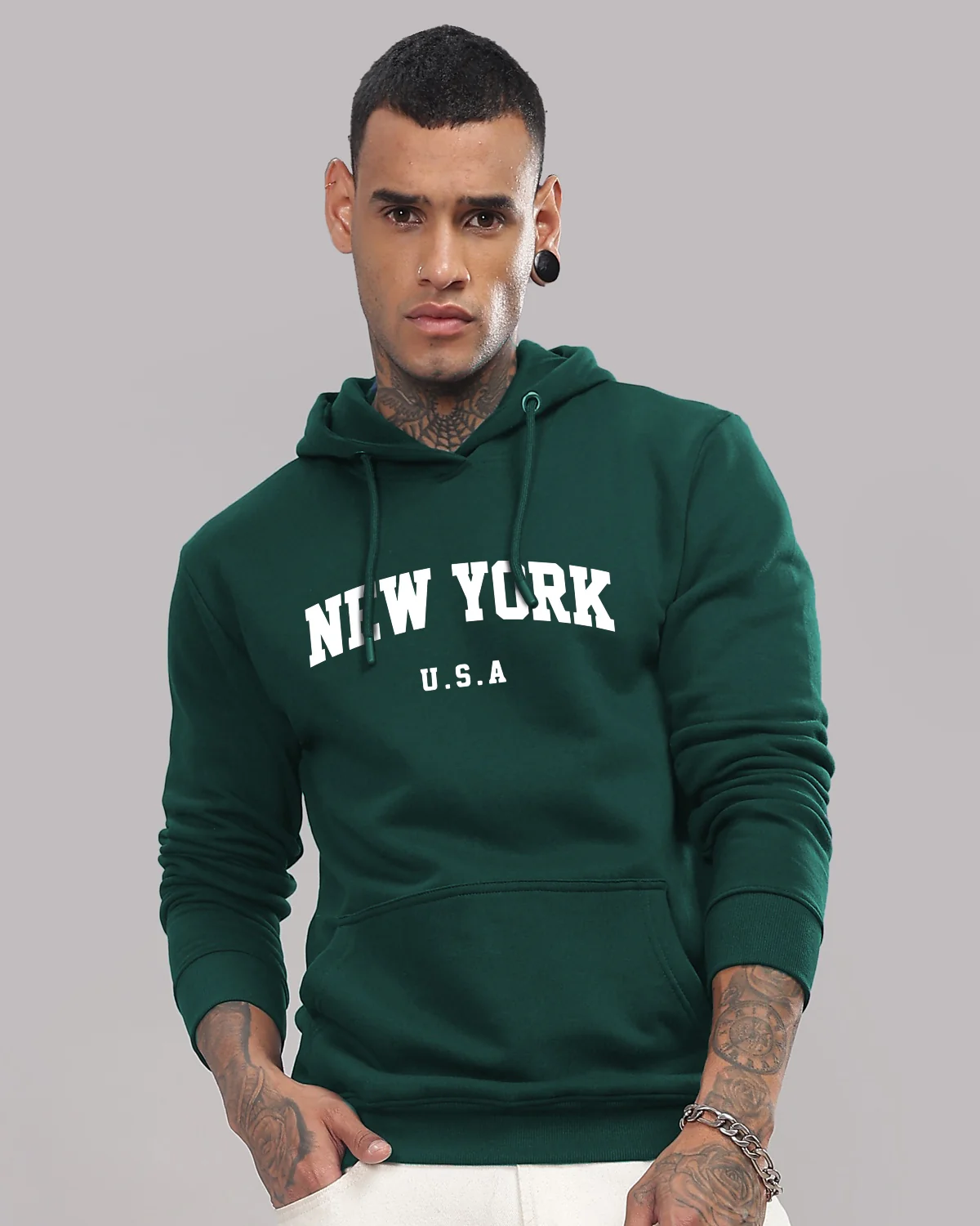 Men Green Printed Cotton Hoodie